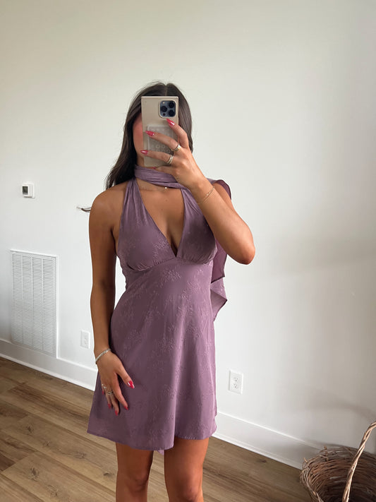 Satin Lavender Neck Wrap Mini Dress