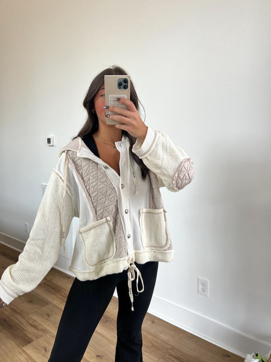 Cream Mixed Fabric Hooded Jacket (Restock)