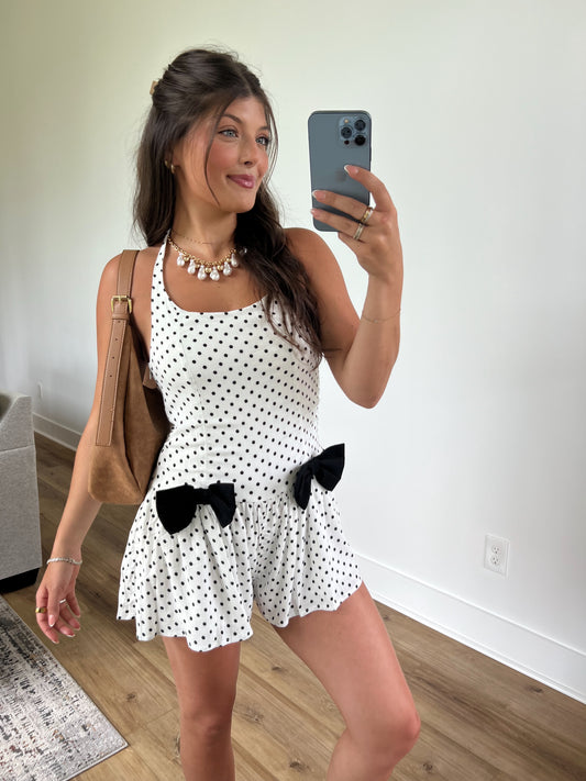 Bow Tie Babydoll Mini Dress (White/Black)