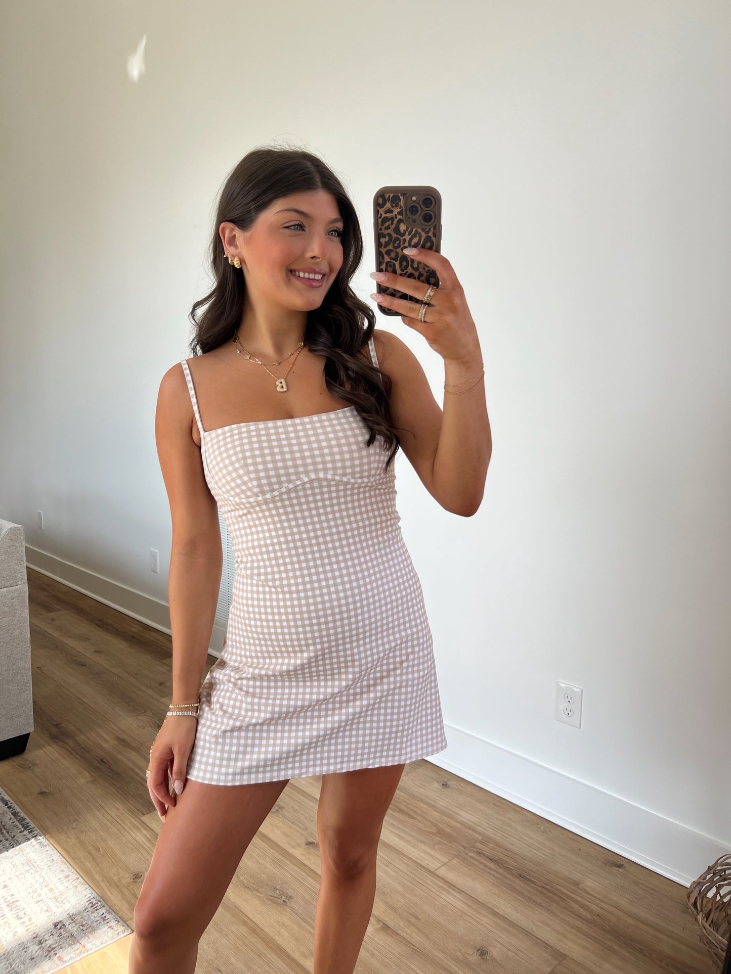 Beige Gingham Sweetheart Dress