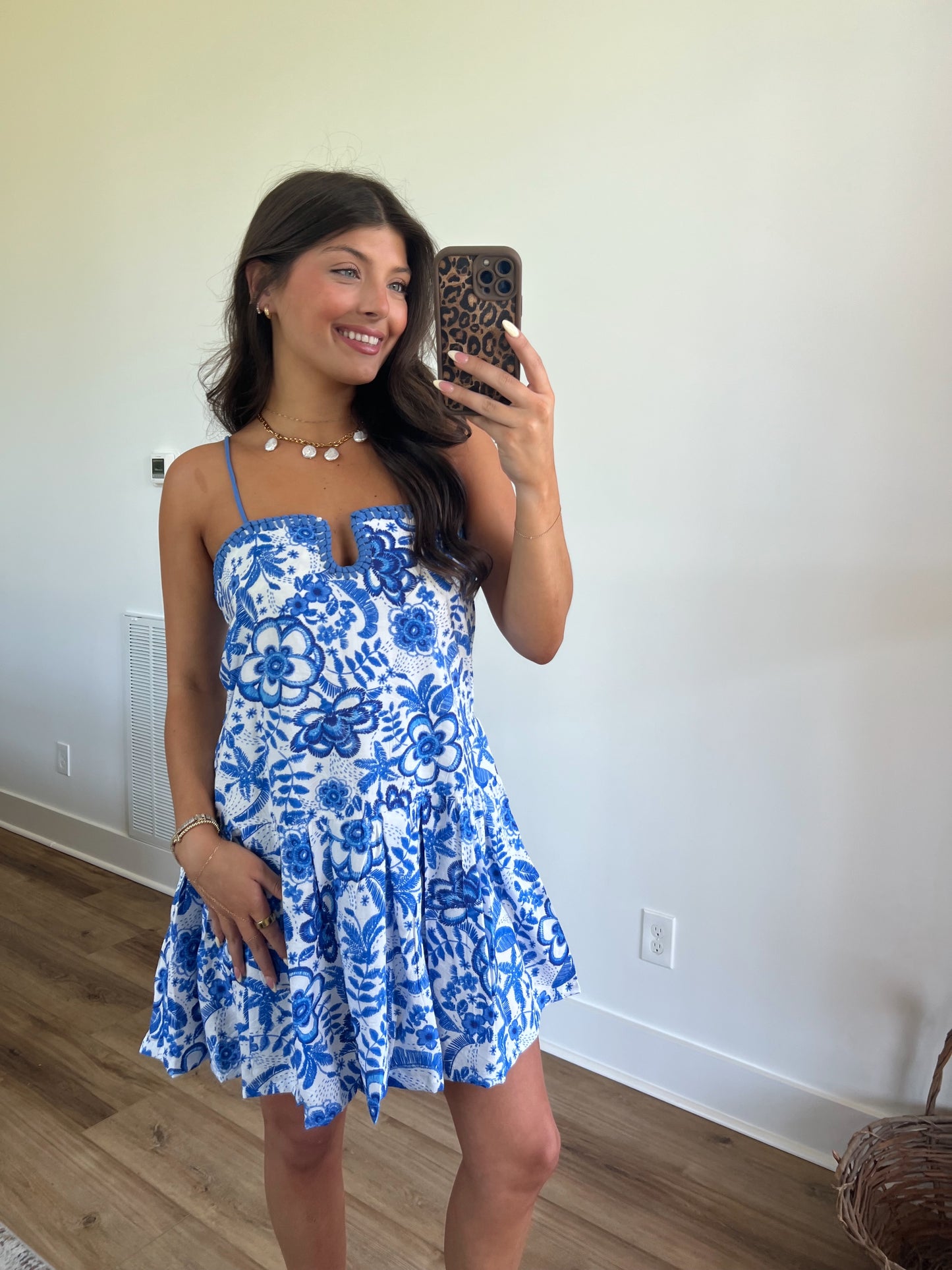 Blue Hawaiian Contrast Stitch Mini Dress