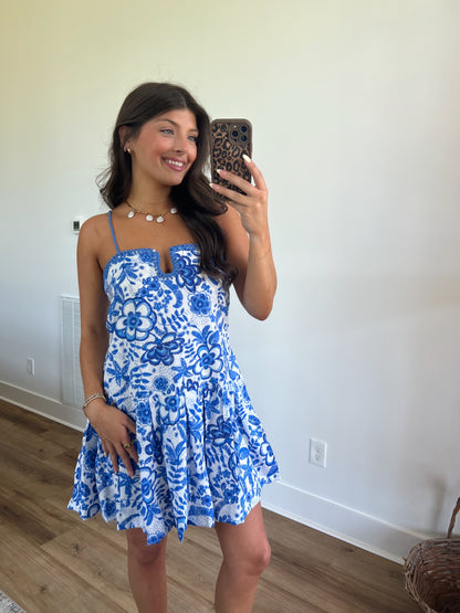 Blue Hawaiian Contrast Stitch Mini Dress