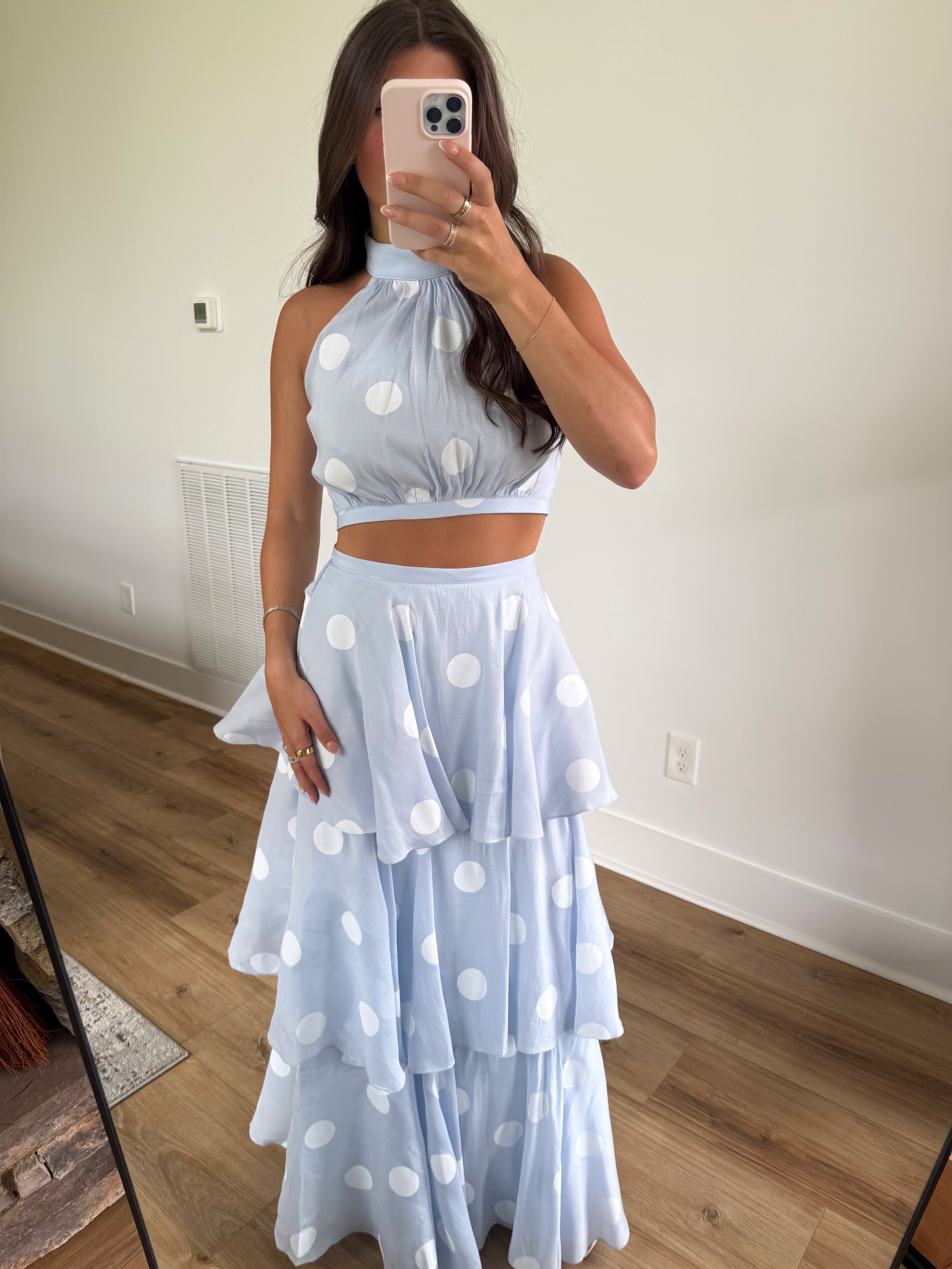Baby Blue Polka Dot Maxi Skirt Set
