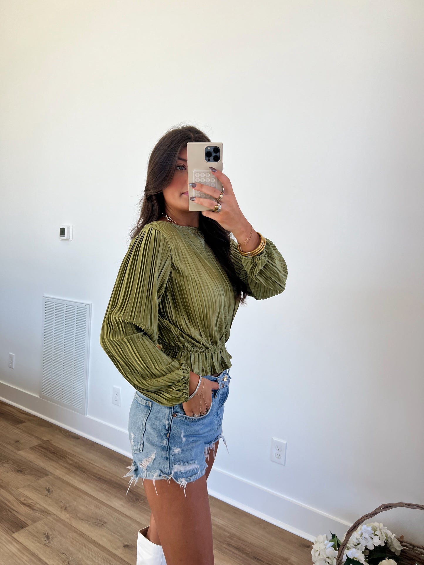 Green Pleated Open Back Blouse