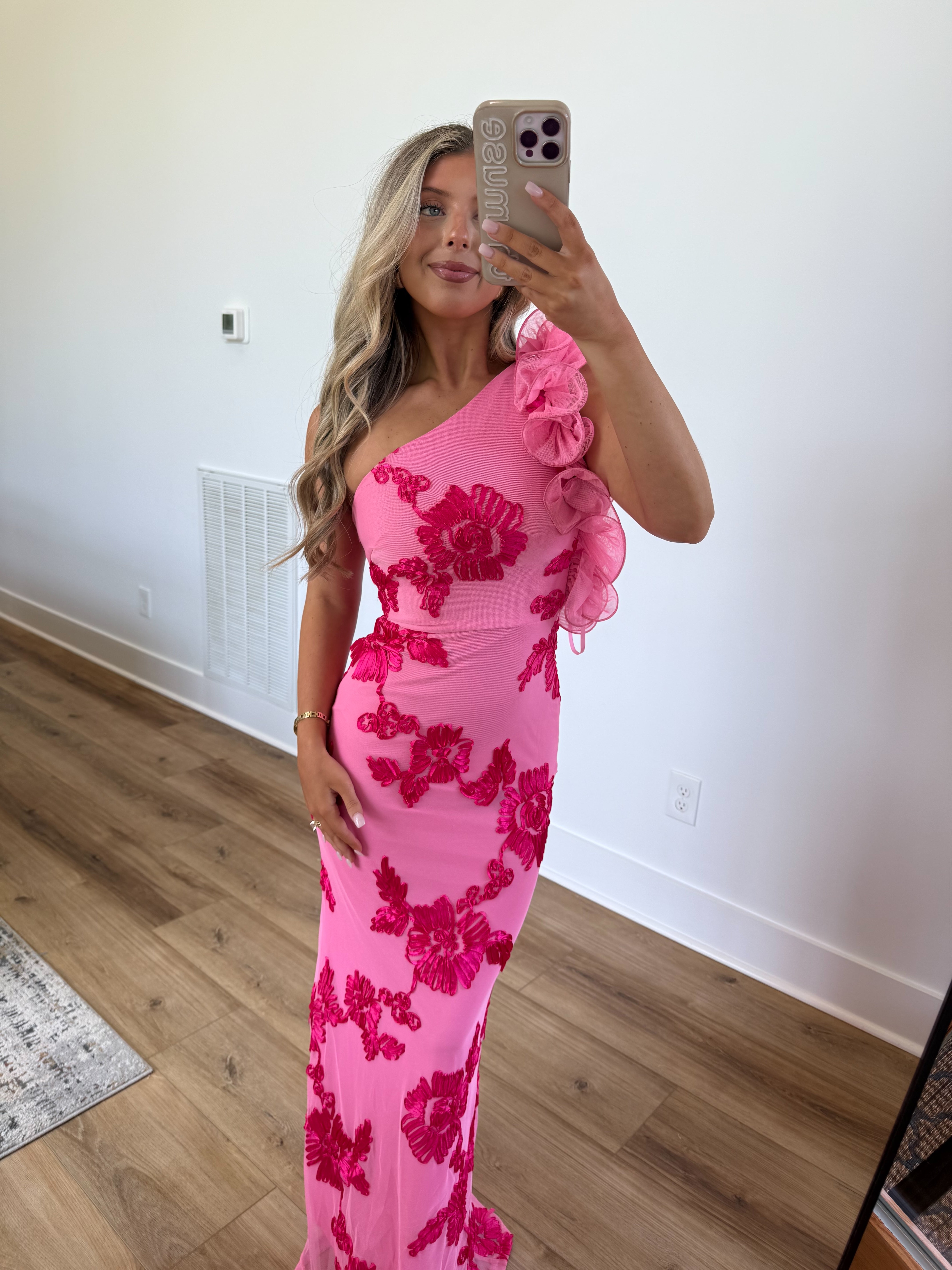 Pink Petals Ruffle Shoulder Maxi