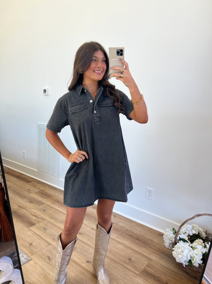 Black Double Pocket Denim Dress