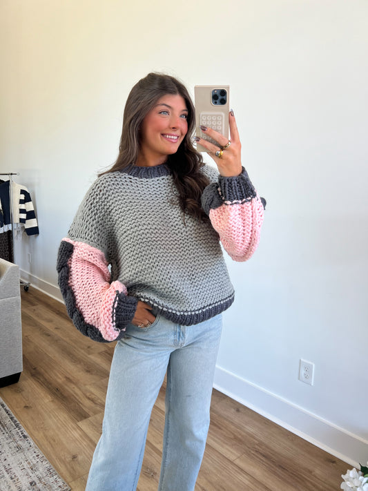 Crochet Chunk Knit Sweater (Stone Multi)