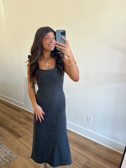 Black Denim Tie Maxi Dress