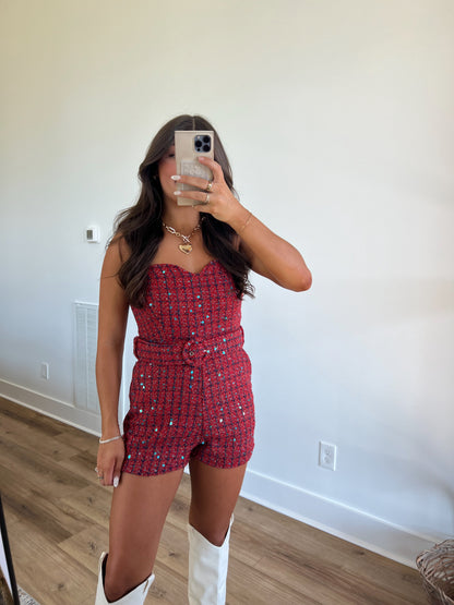 Red Sequin Plaid Romper