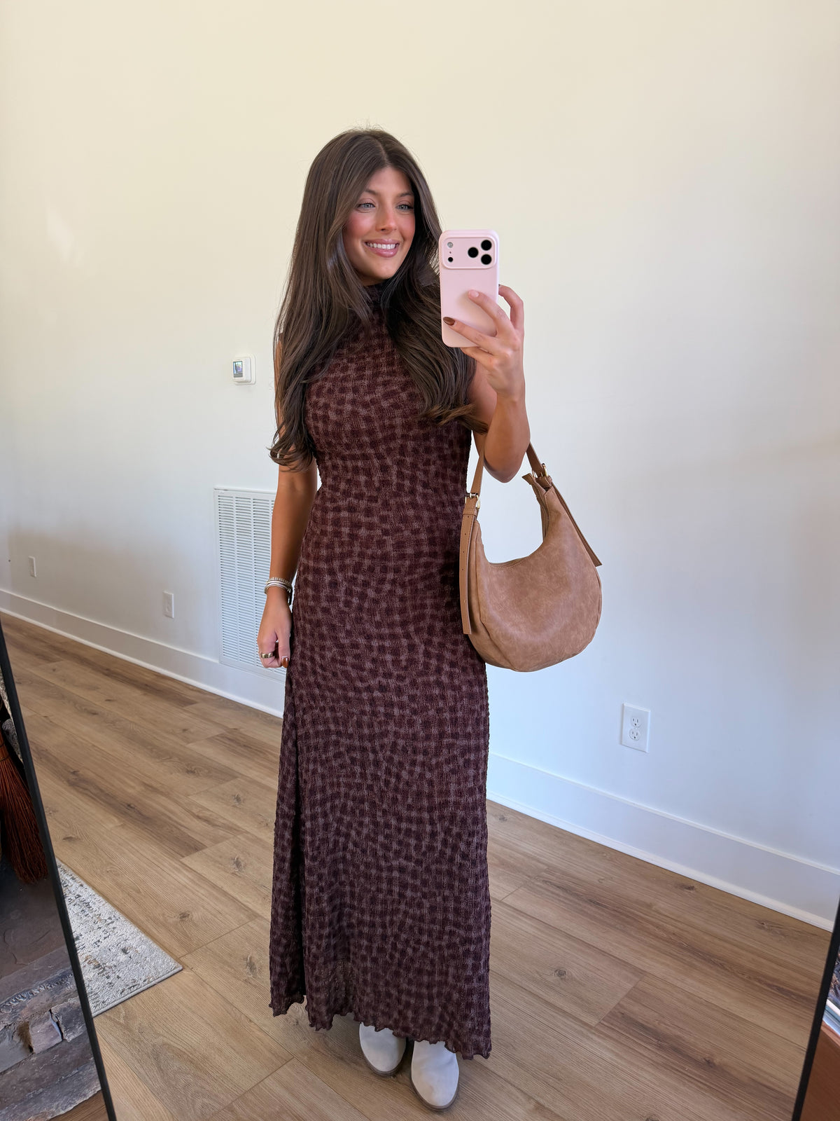 Coffee Gingham Maxi Dress