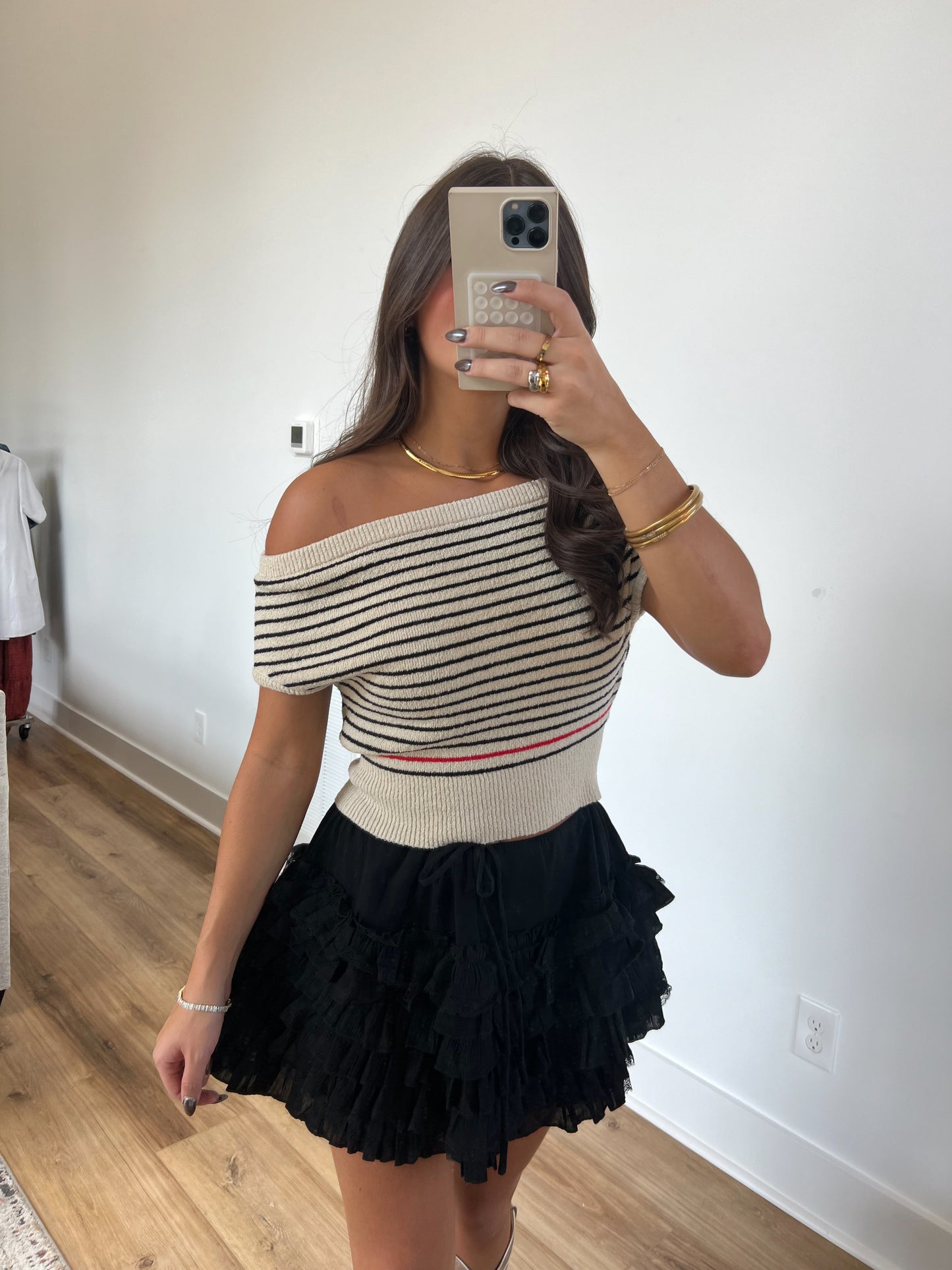 Cream Off The Shoulder Top (Black/Red Stripe)