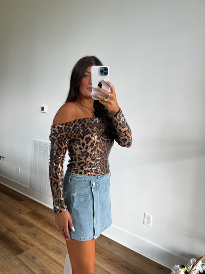 Cheetah Sequin Off The Shoulder Top