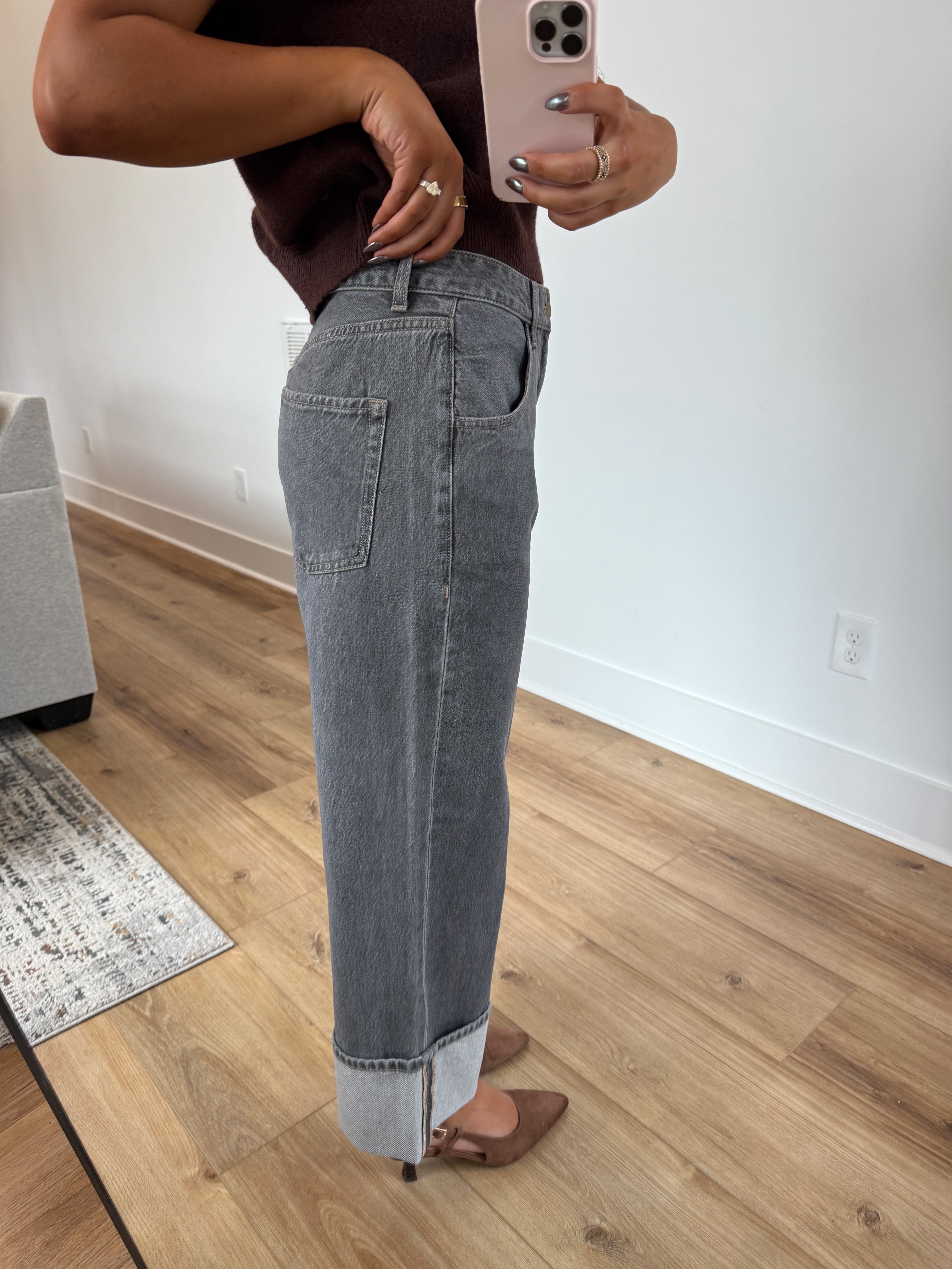Washed Grey Cuffed Jeans