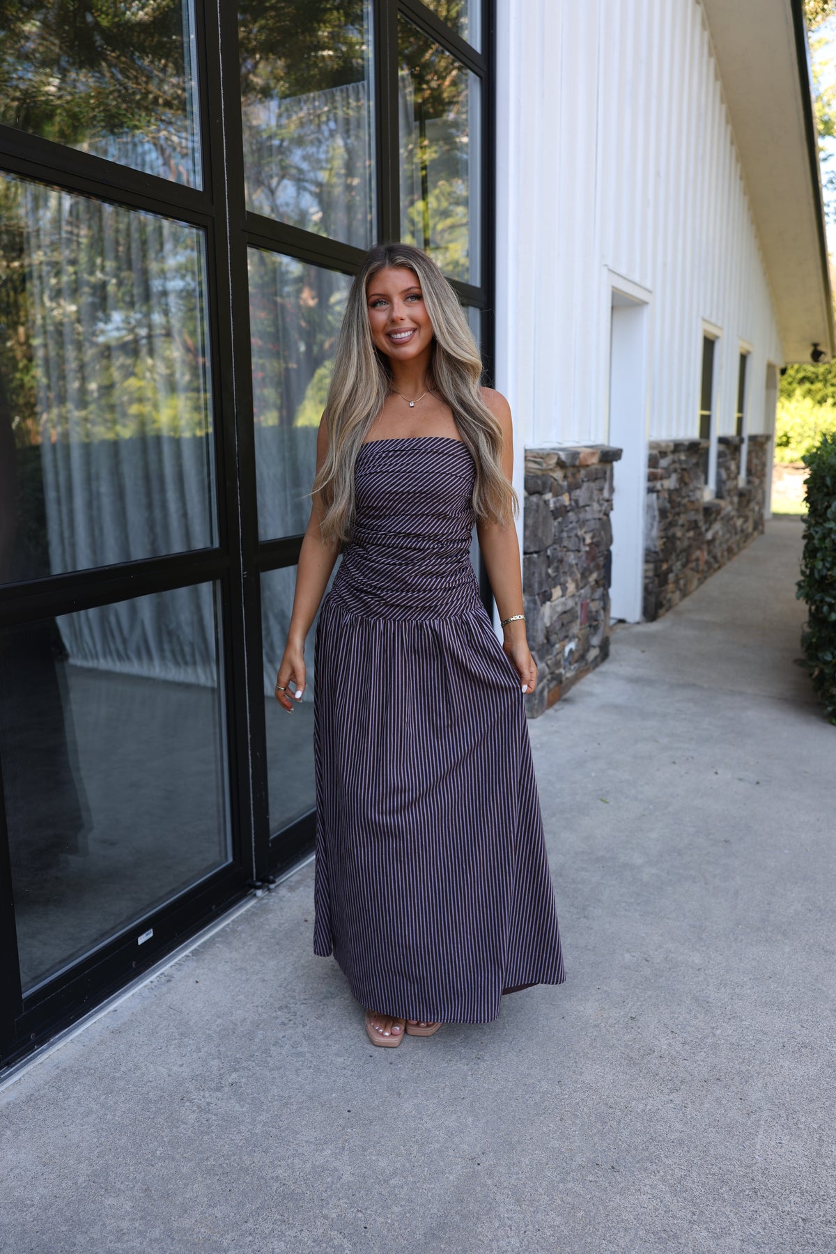 The Vermont Strapless Dress (Brown Stripes)