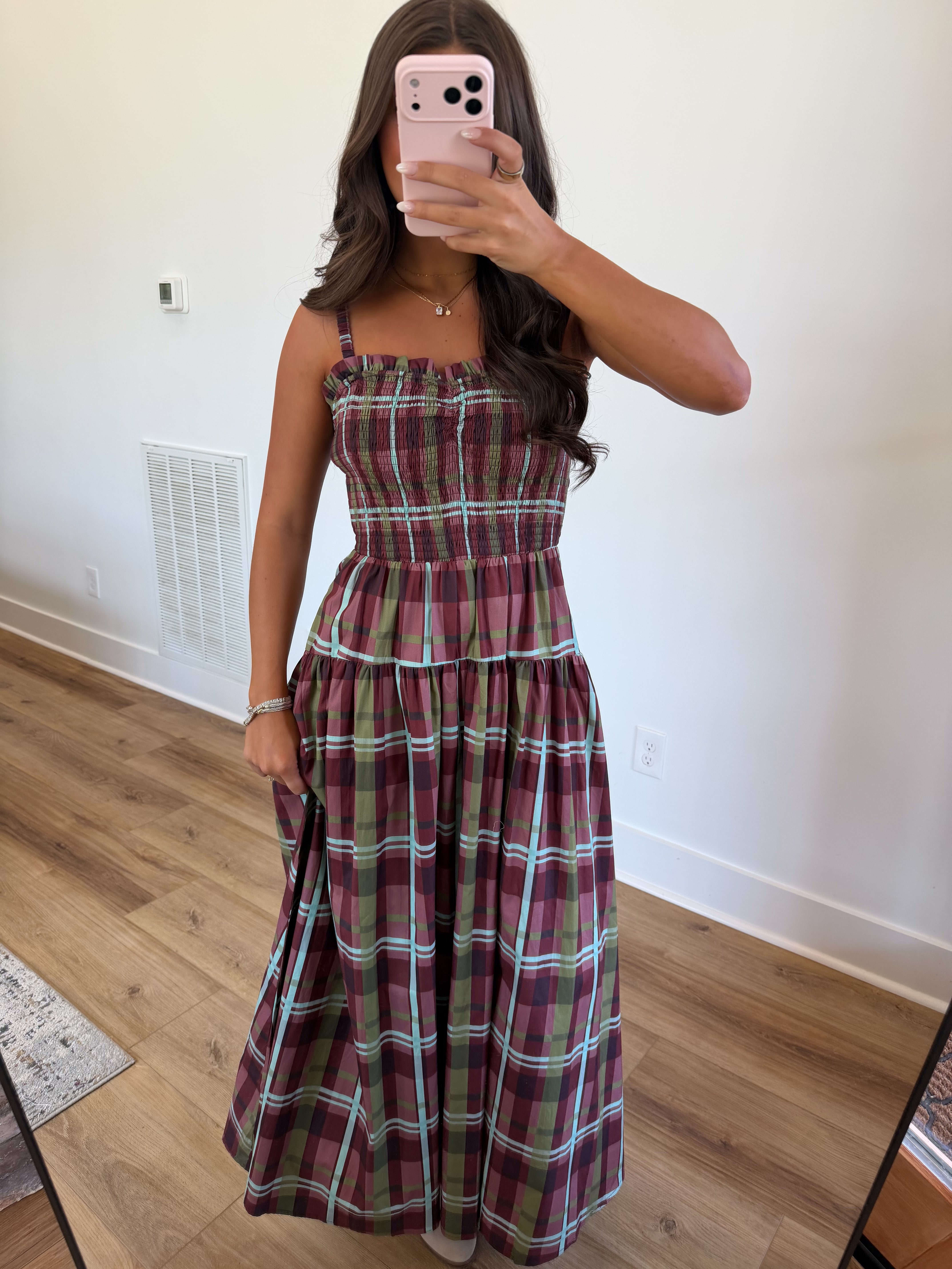 Burgundy Plaid Smocked Maxi Dress