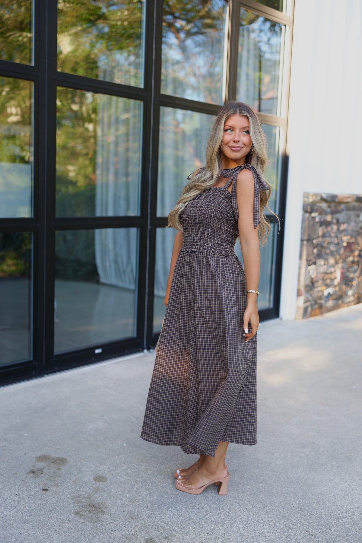 Gingham Smocked Midi Dress