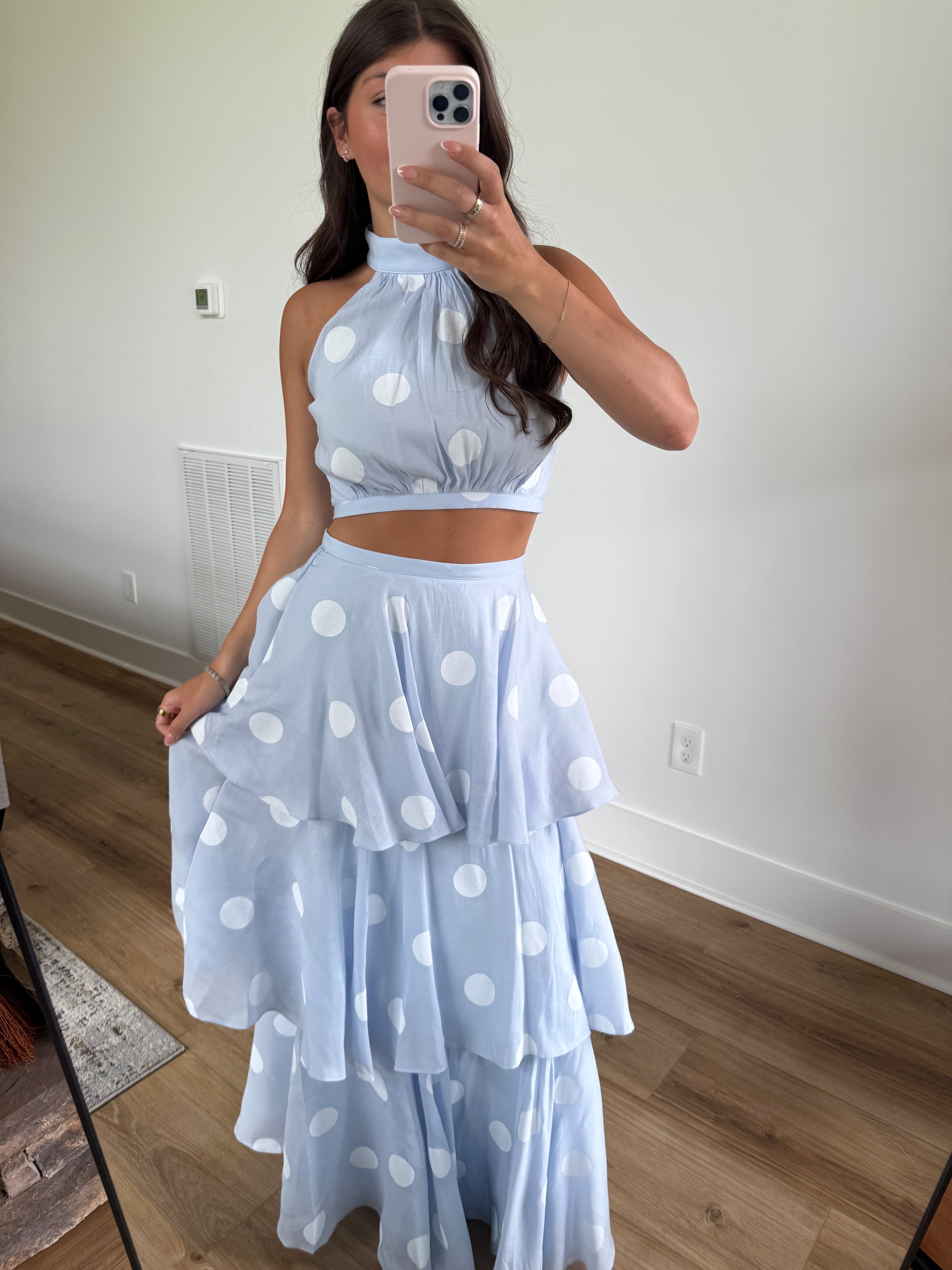 Baby Blue Polka Dot Maxi Skirt Set