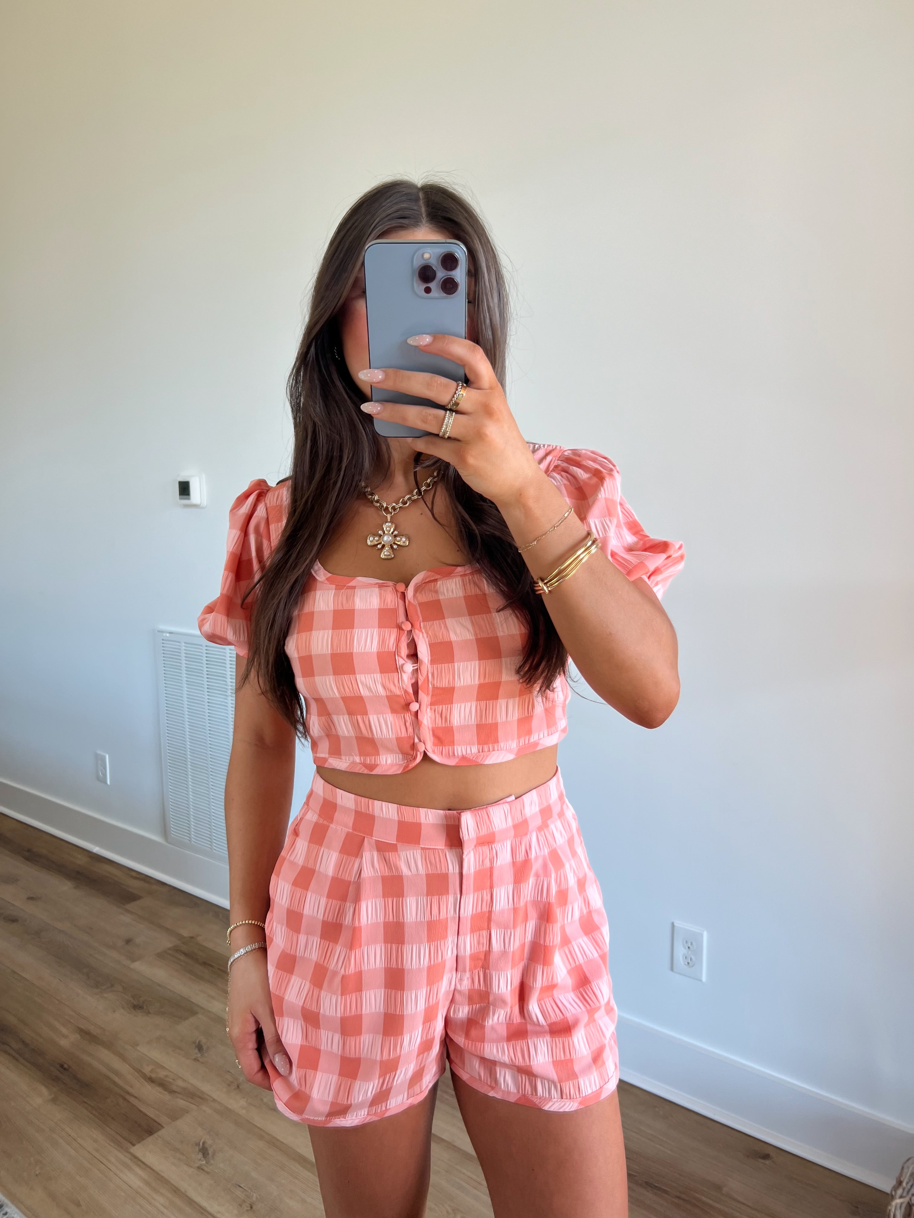 Carina Gingham Shorts Set (Peach)