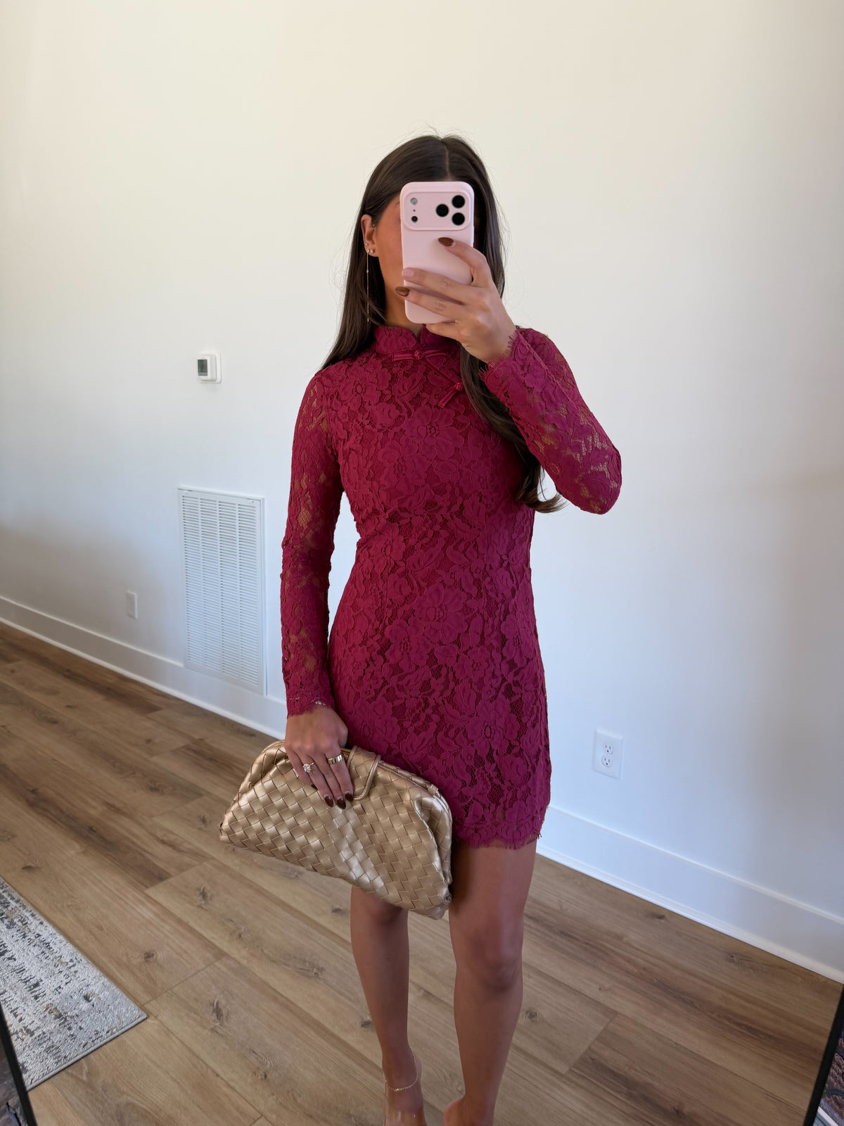 Floral Lace Mock Neck Mini Dress (Burgundy)