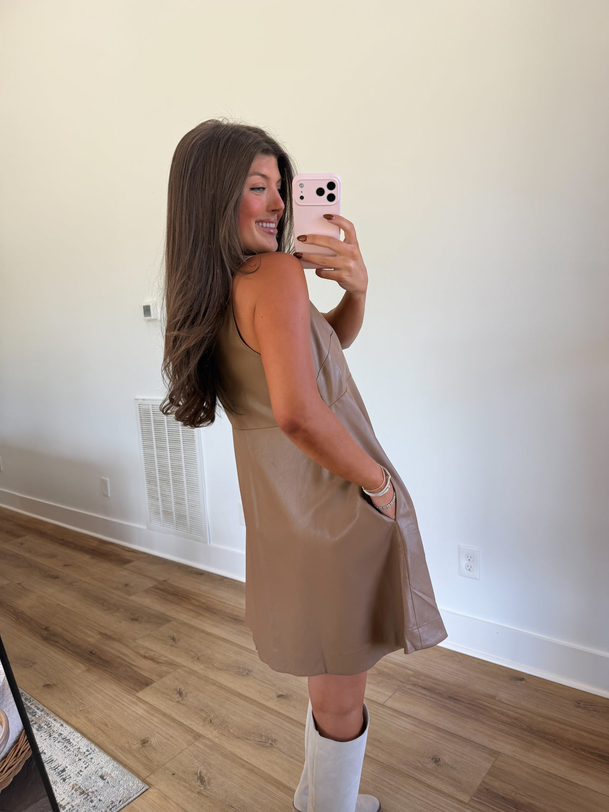 Brown Leather Swing Mini Dress