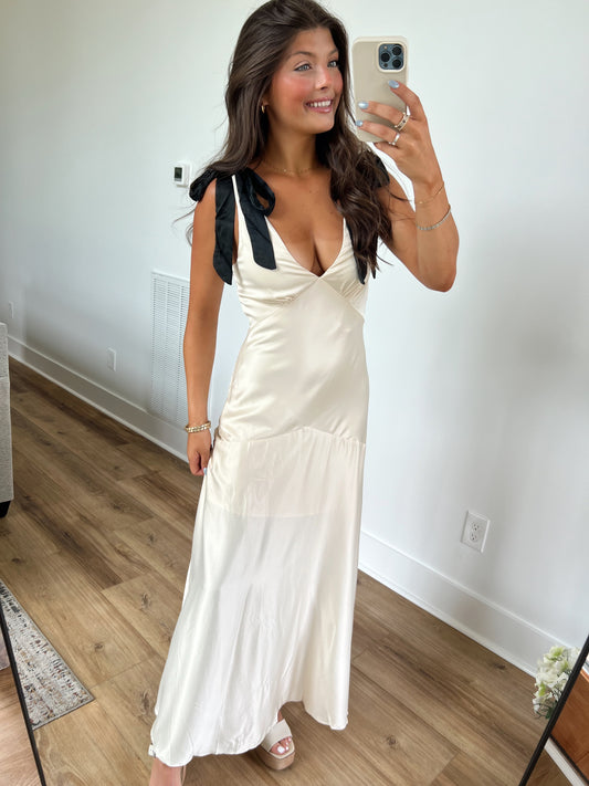 Cream Maxi Dress With Contrast Black Shoulder Ties