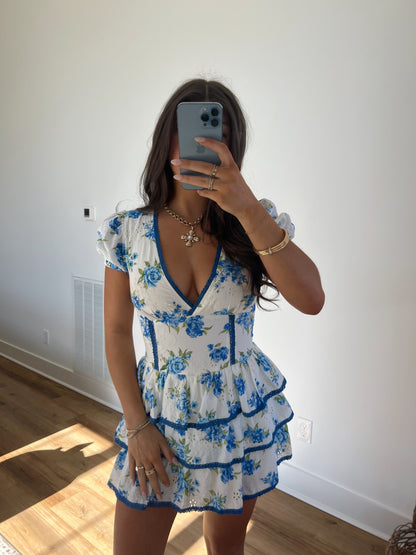 Blue Floral Ruffle Romper