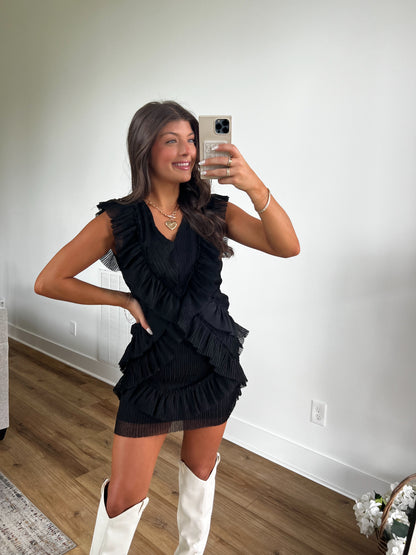 Black Ruffle Back Cut-Out Mini Dress