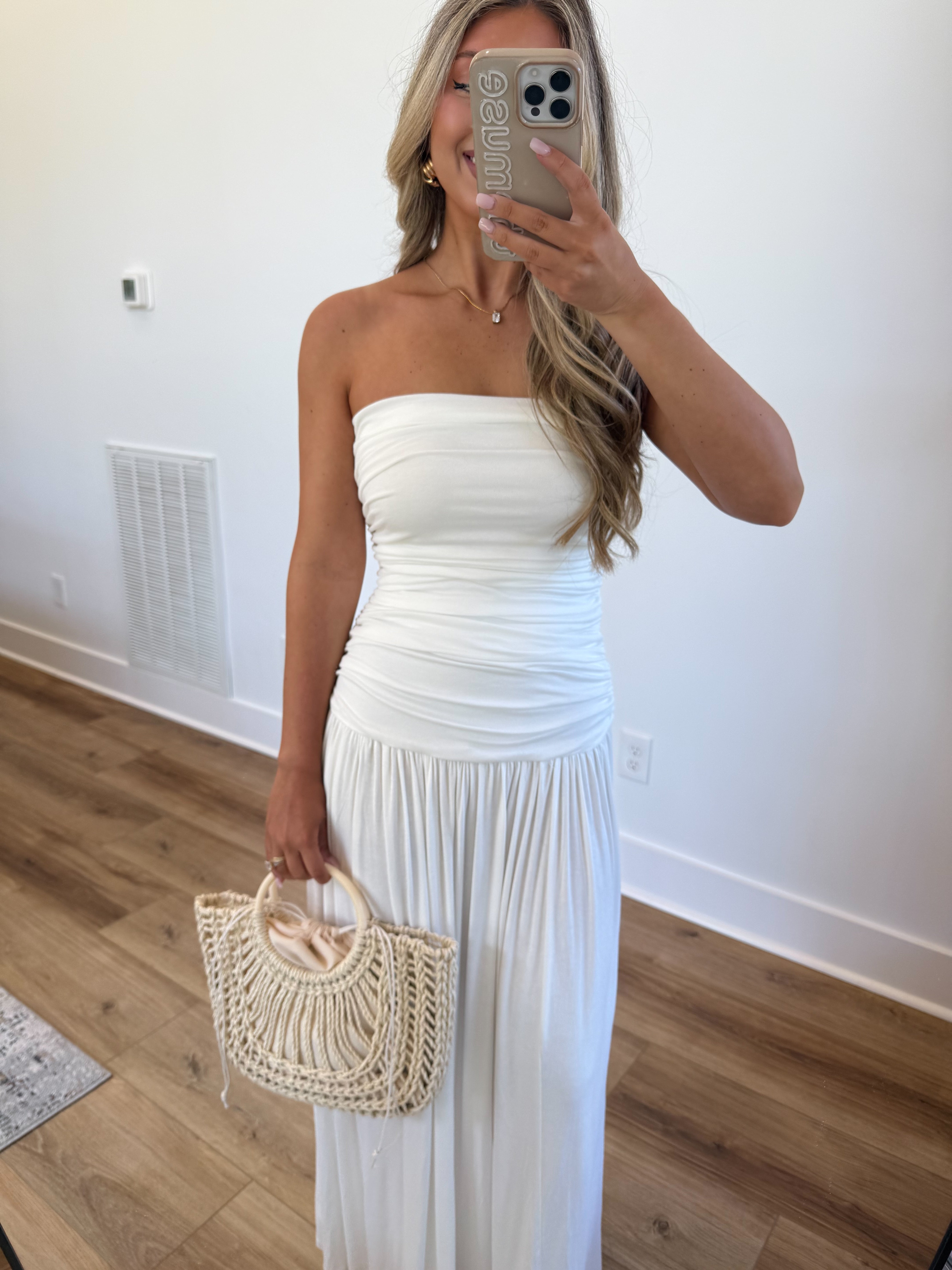 White Ruched Maxi Dress