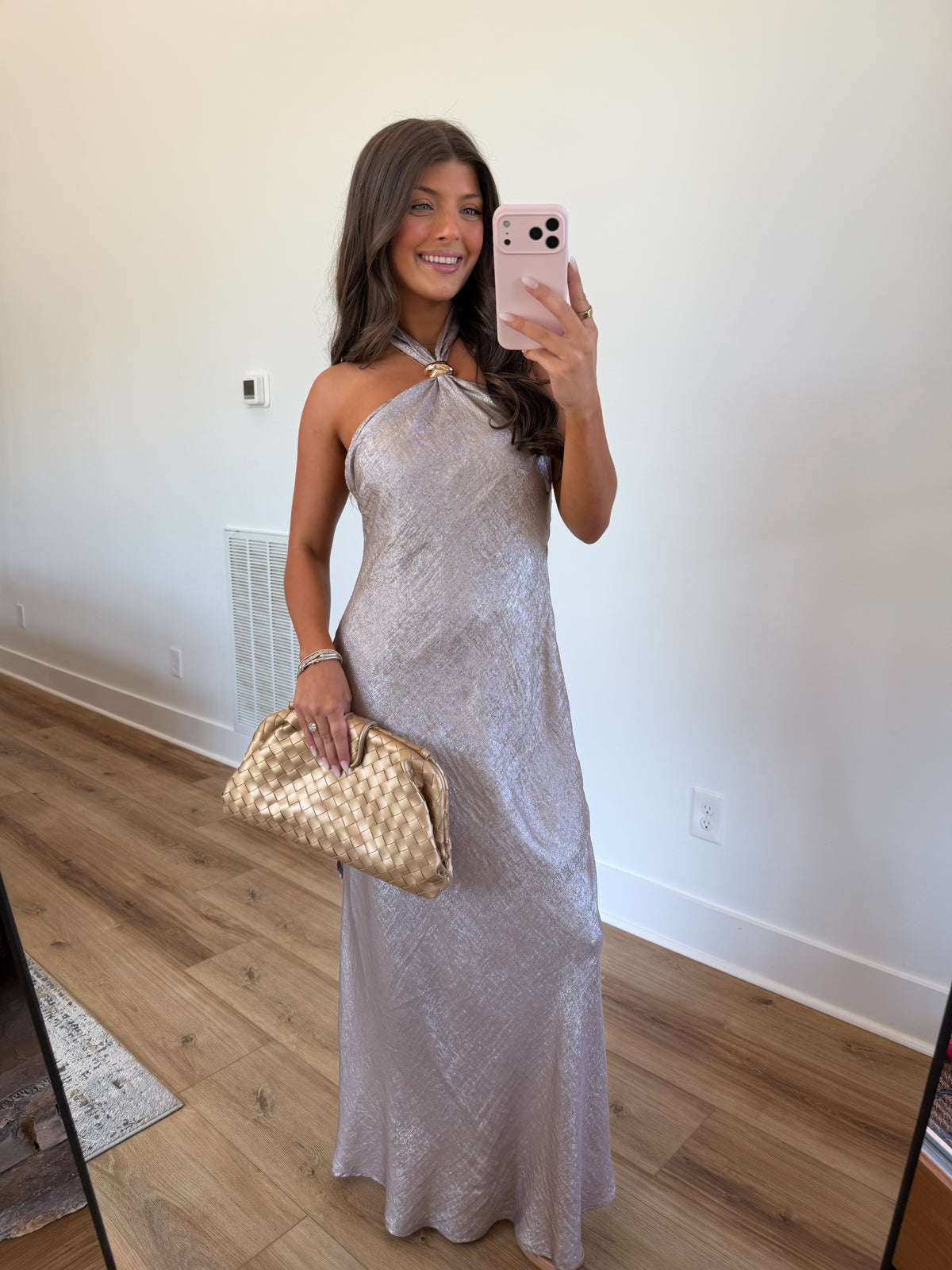 Champagne Satin Halter Maxi Dress