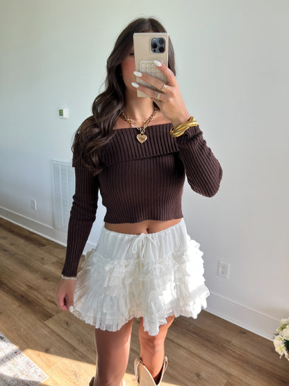 (Brown) Off The Shoulder Ribbed Bow Top