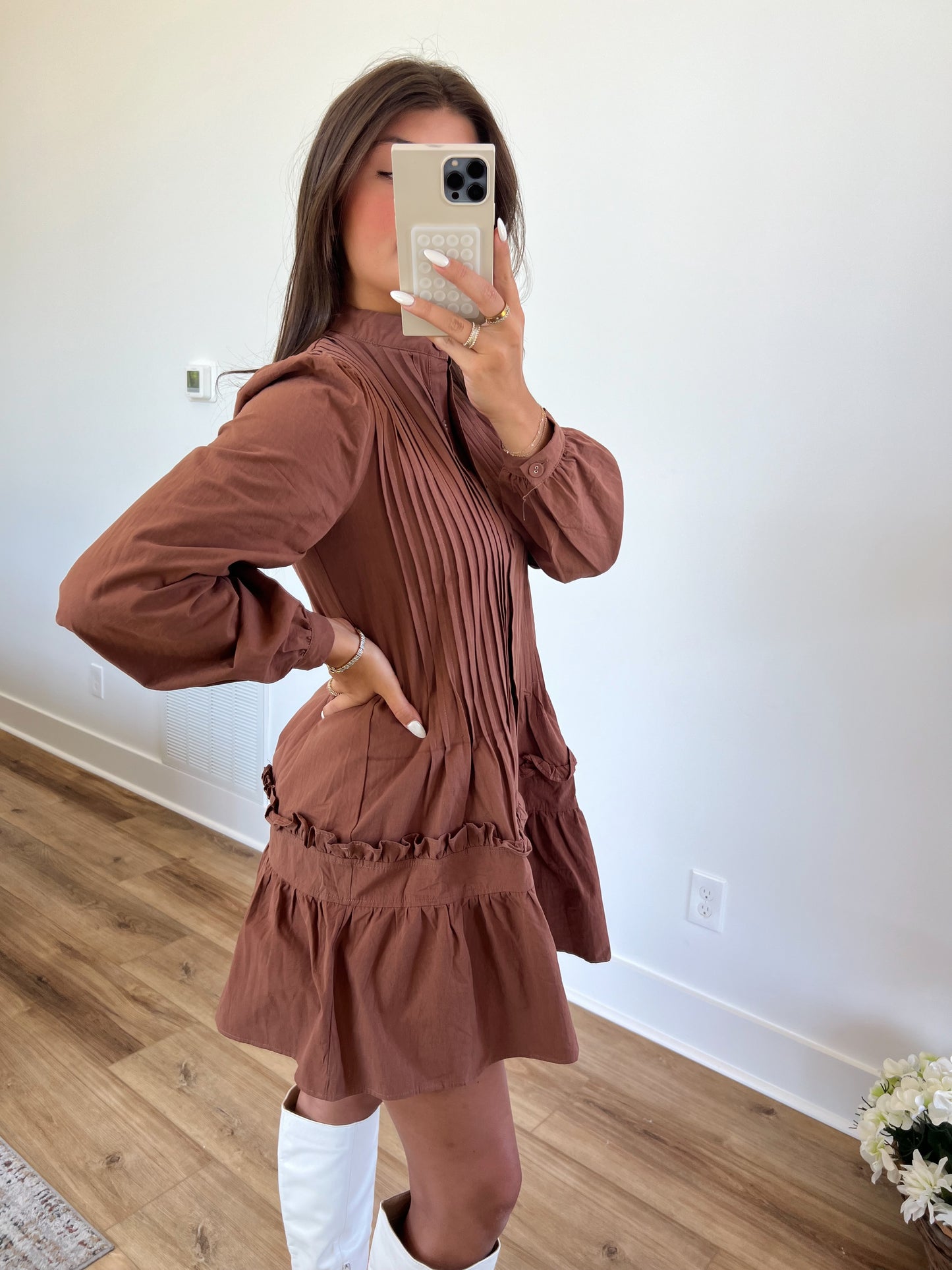 Brown Button Done Pleated Dress