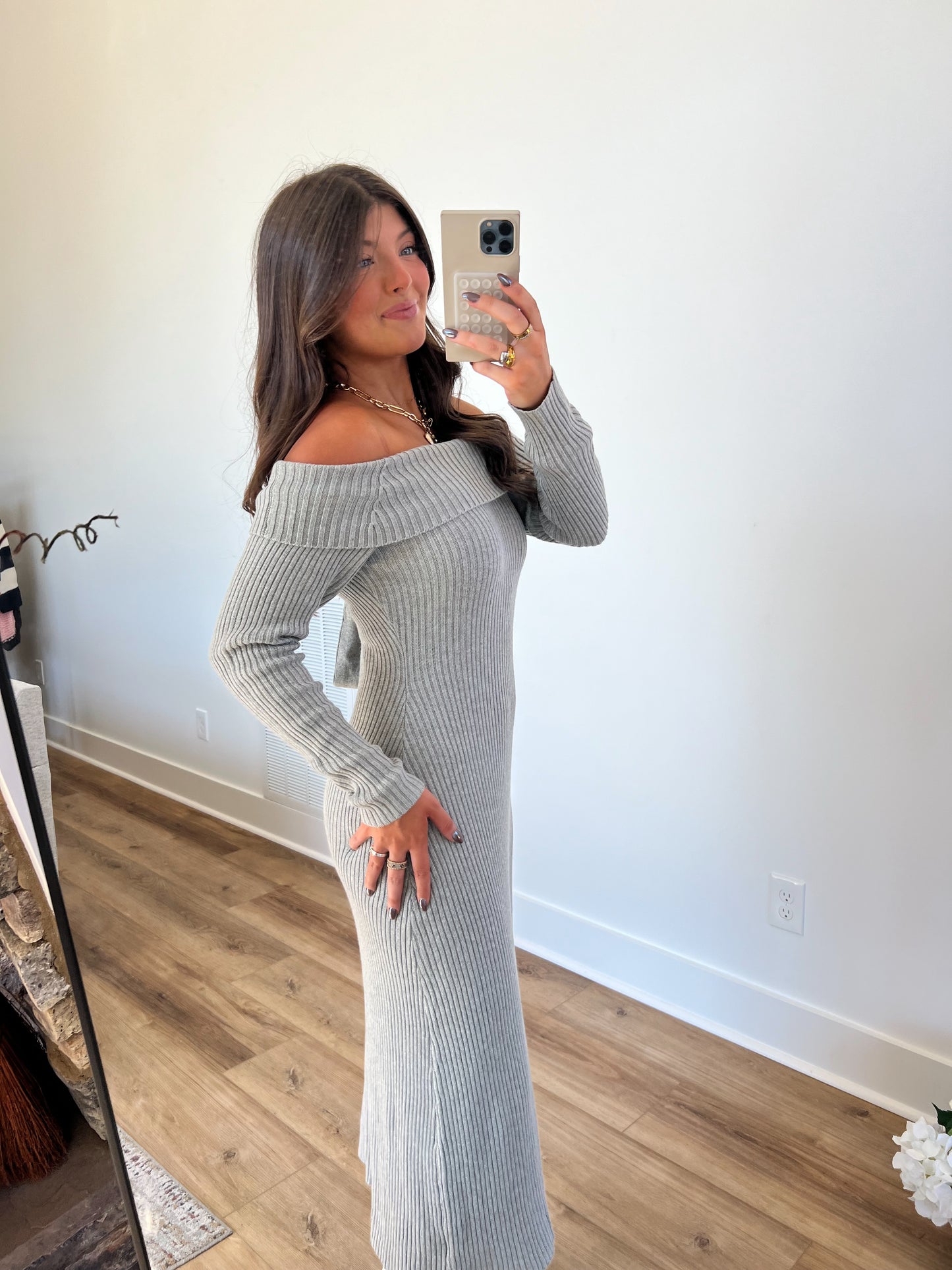 (Grey) Off The Shoulder Bow Dress