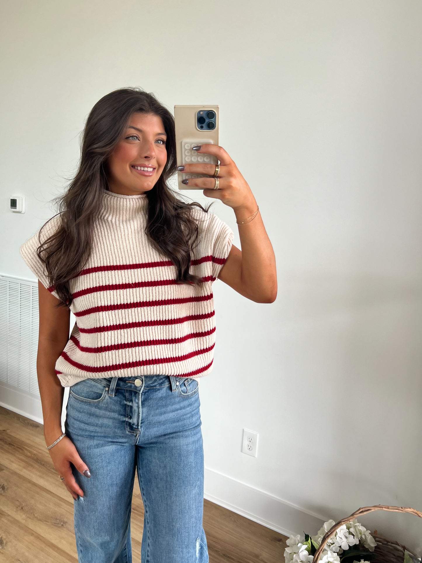 Power Shoulder Sweater Top (Red Stripe)