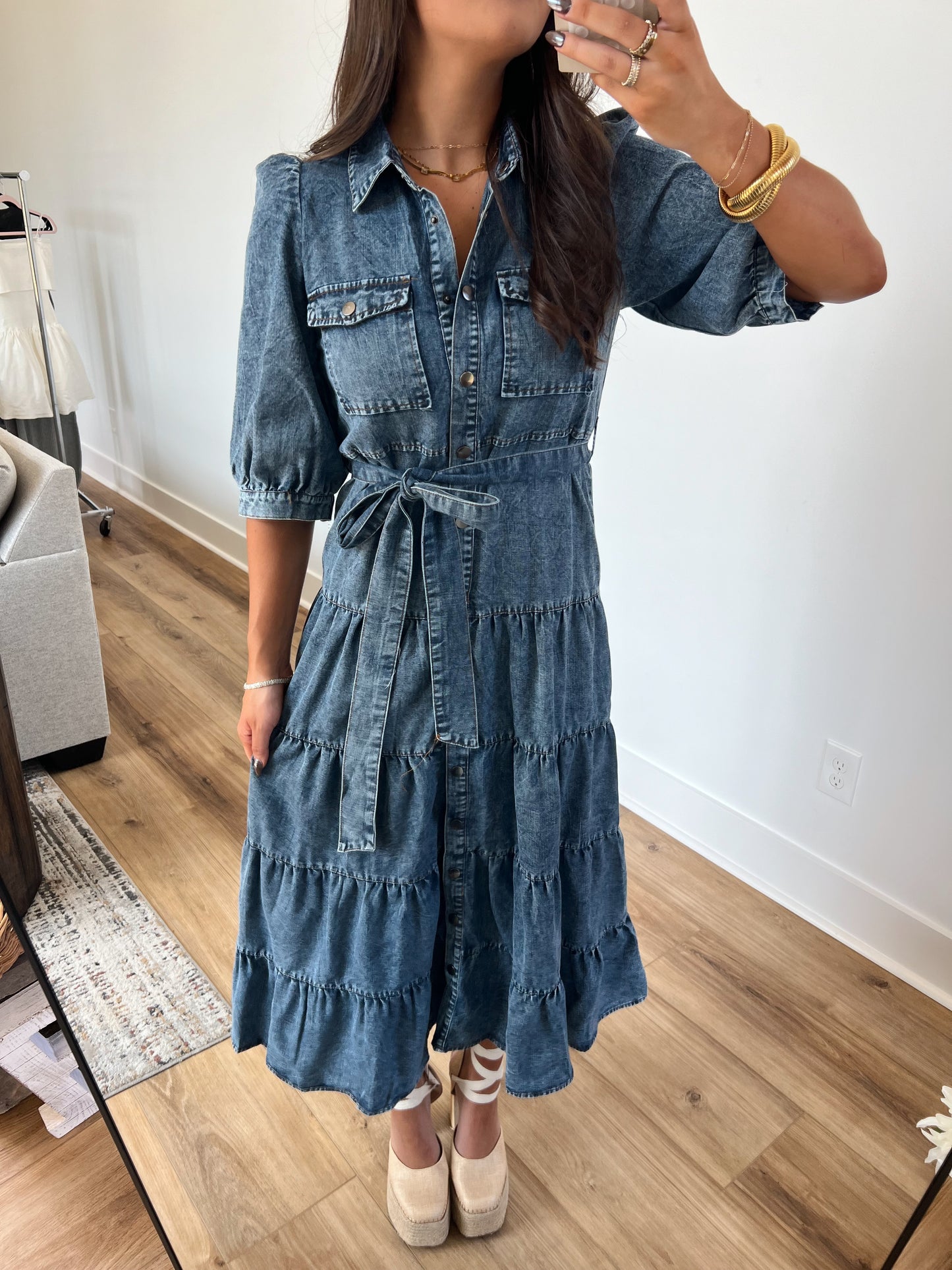 Denim Tiered Midi Dress