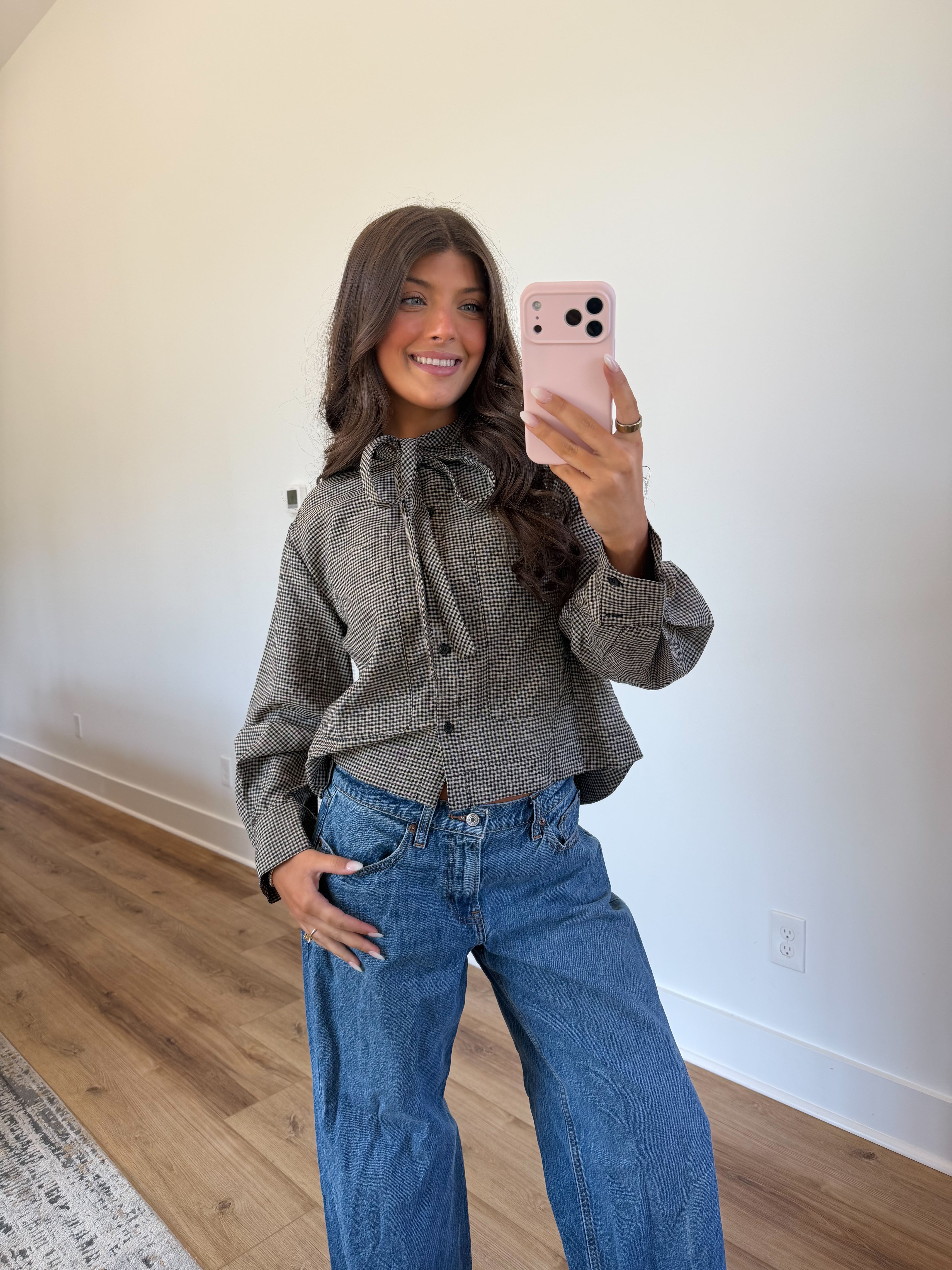 Vintage Gingham Tie Neck Blouse
