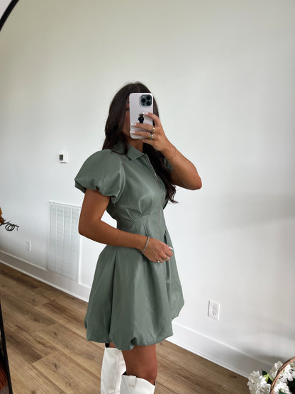 Sage Leather Puff Sleeve Dress