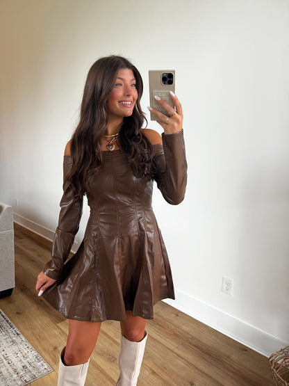 Off The Shoulder Brown Leather Dress