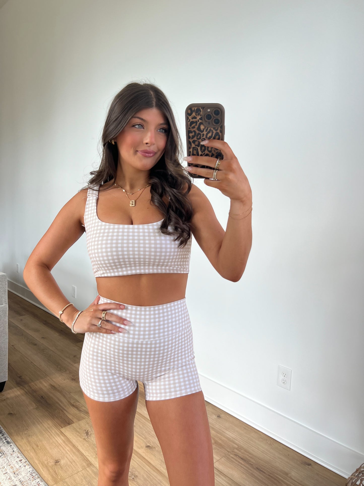 Beige Gingham Biker Shorts