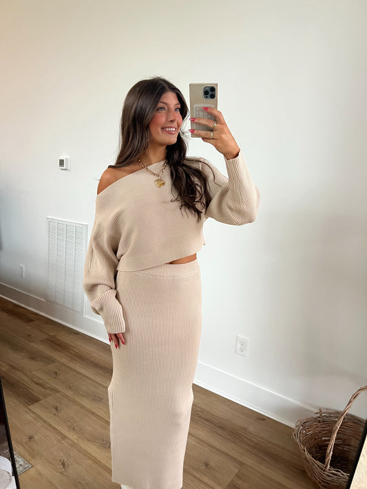 Taupe Ribbed Knit Midi Skirt Set