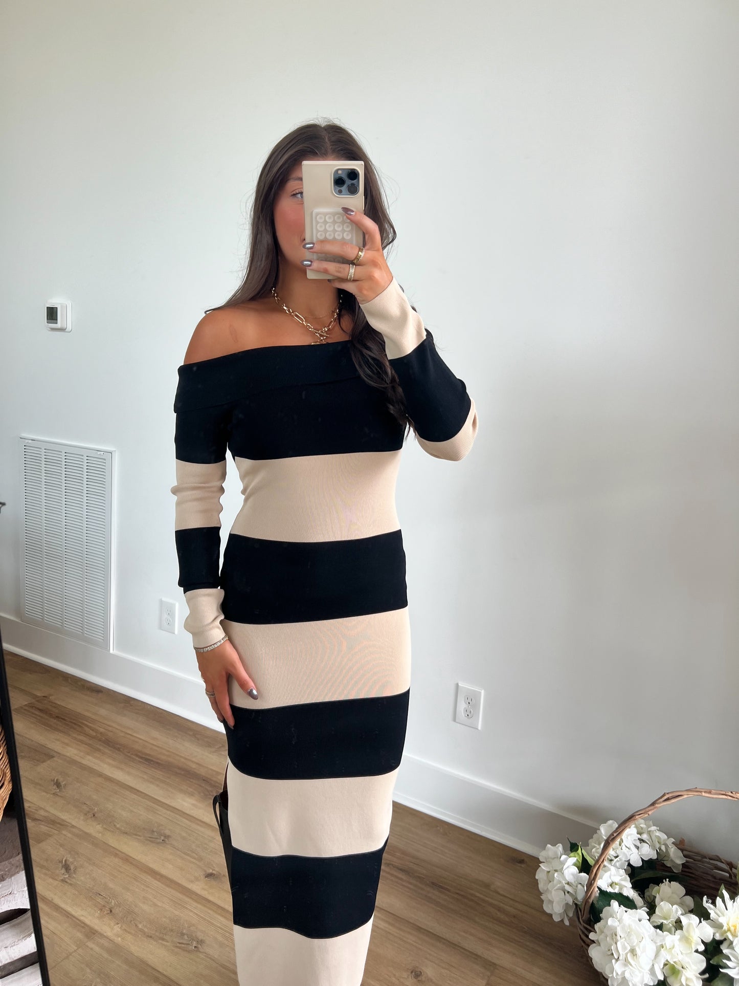 Cream/Black Stripe Midi Dress