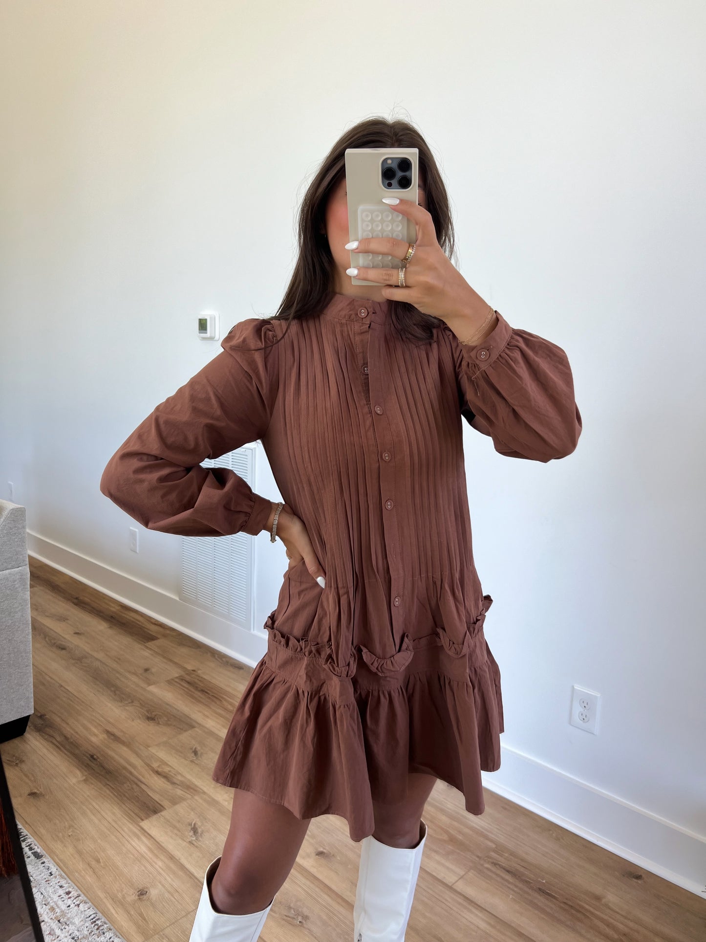 Brown Button Done Pleated Dress