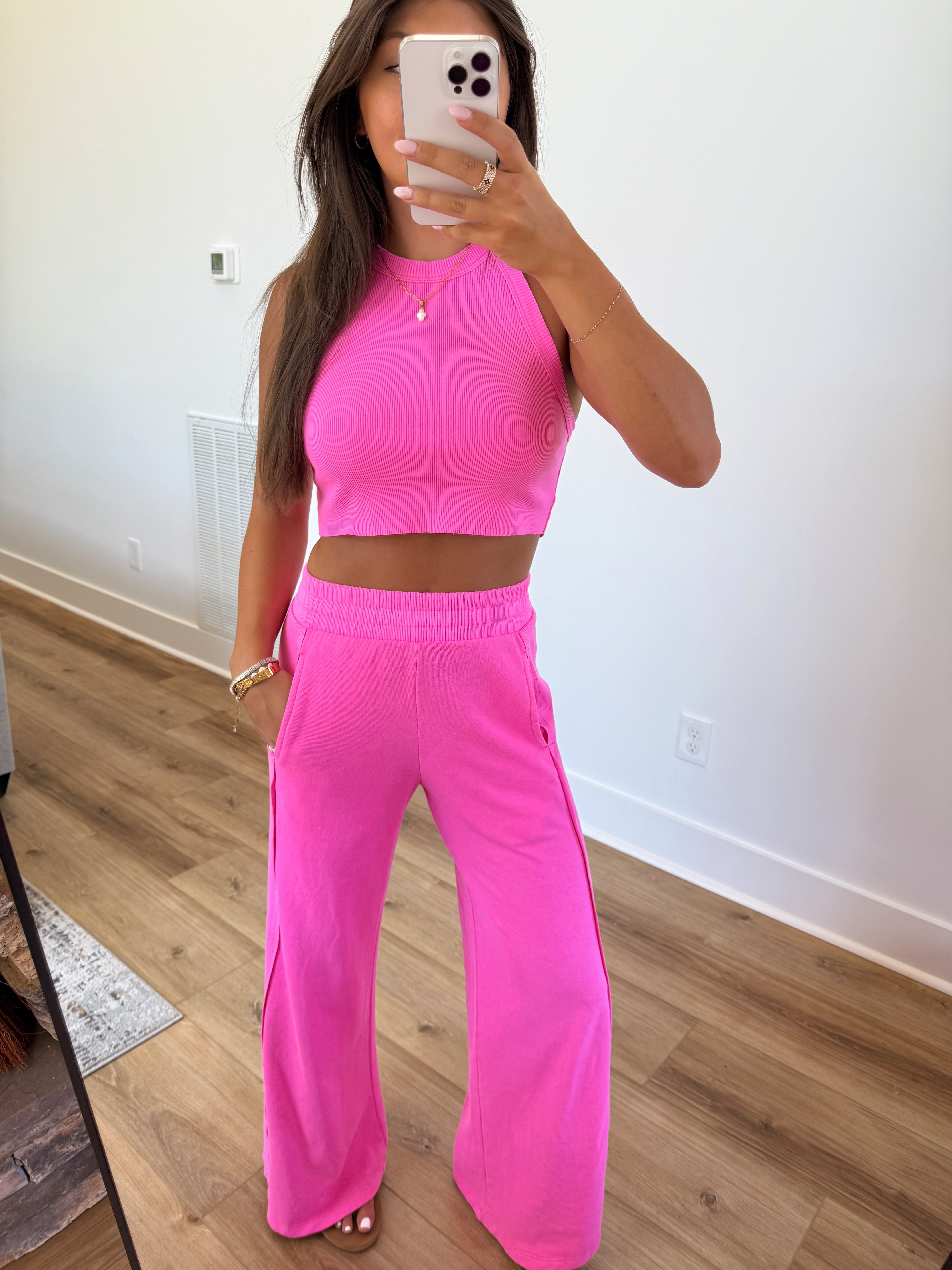 Ribbed Tank Wide Leg Pant Set (Hot Pink)