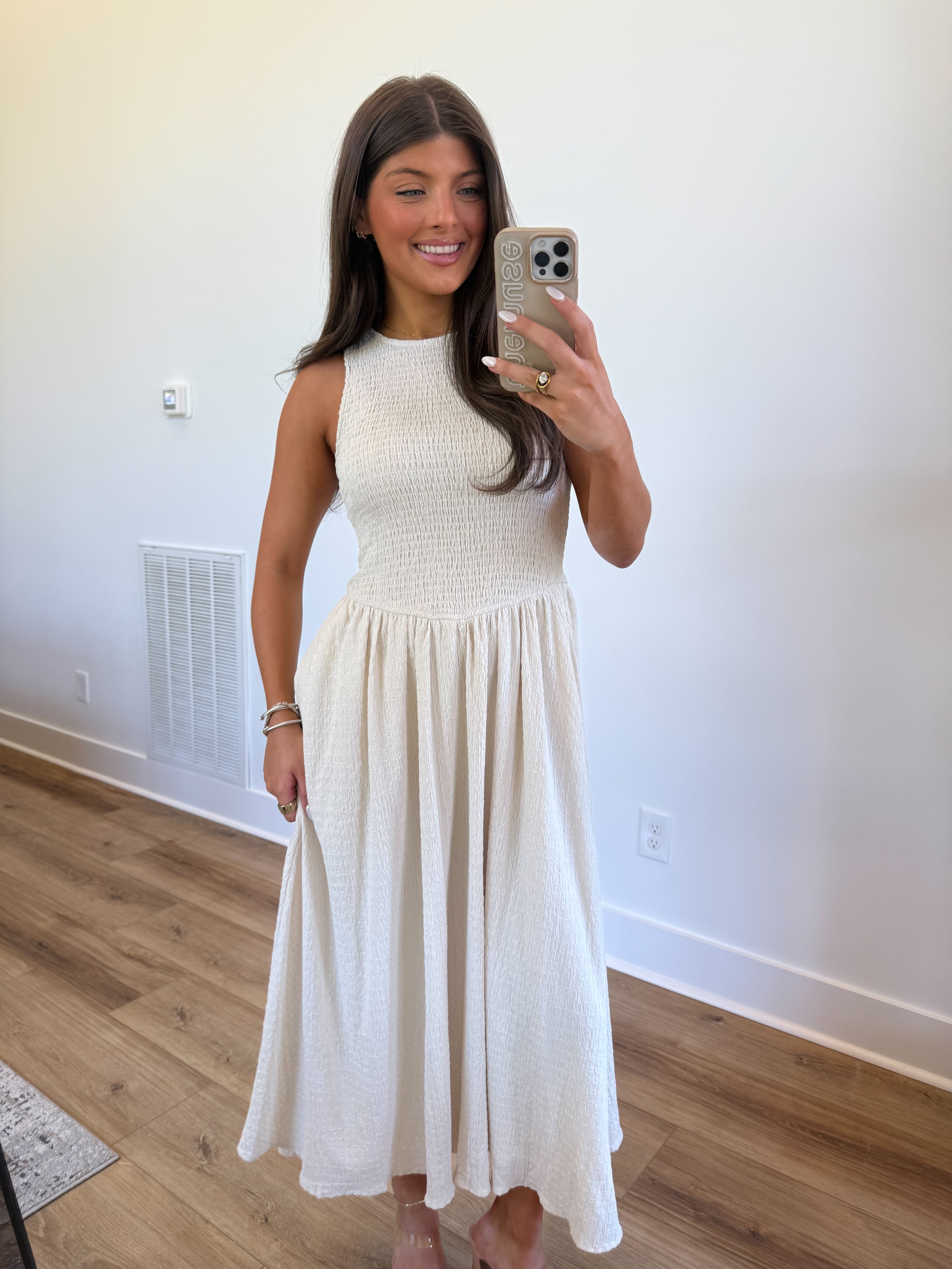 Smocked Cream Midi Dress