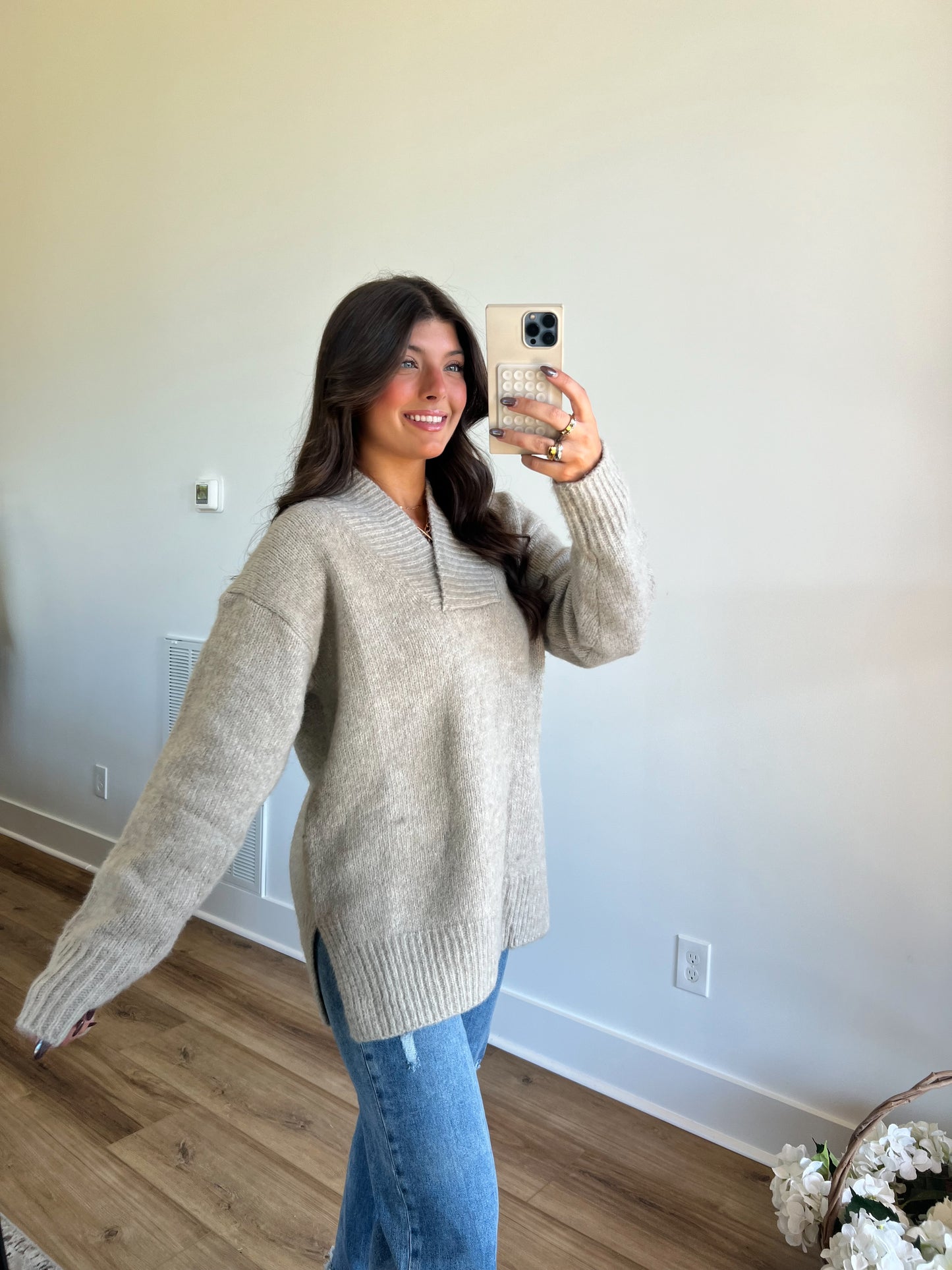 Oatmeal Slouchy V-Neck Sweater