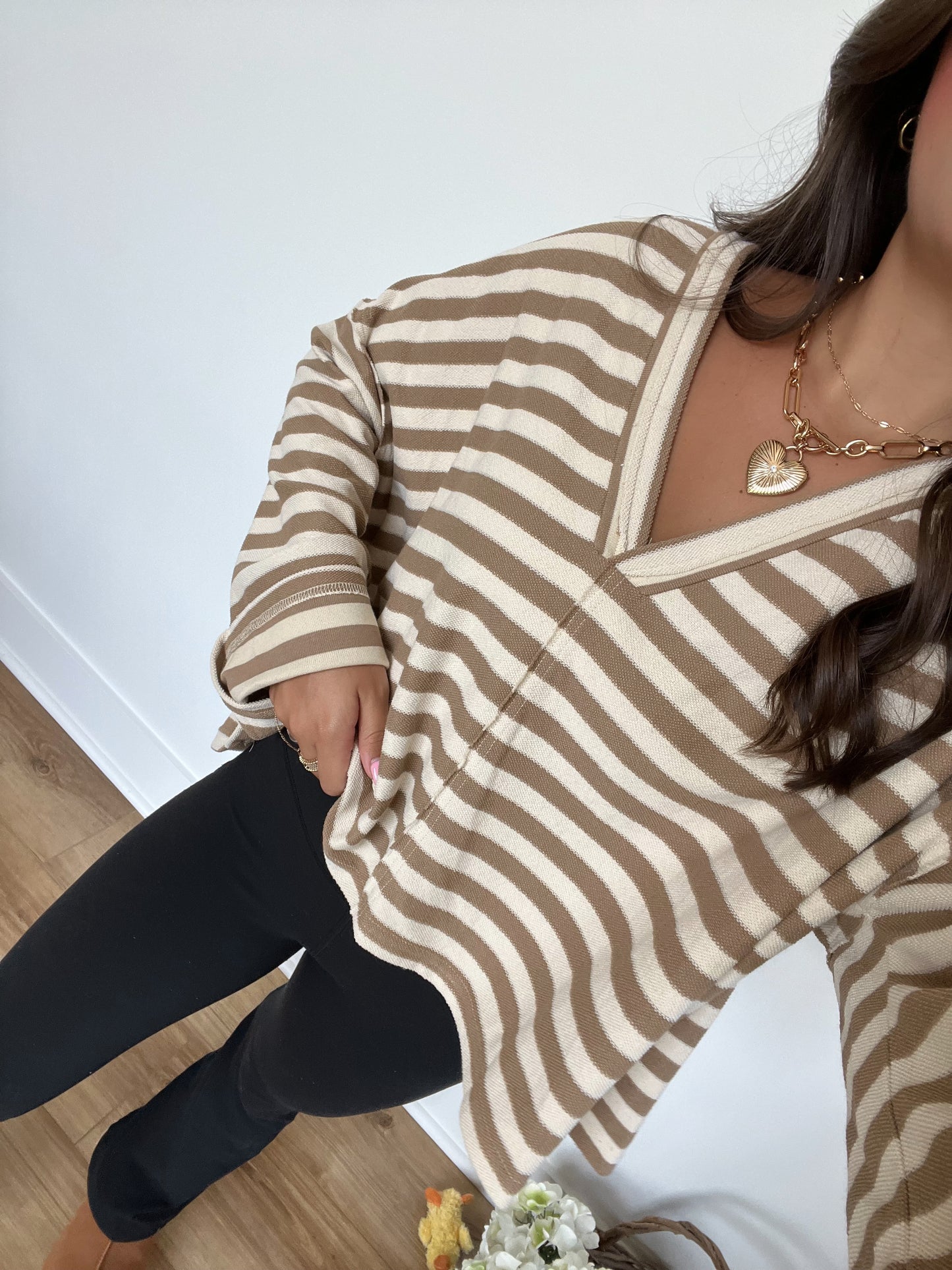 Tan Stripe Back Tie Pullover