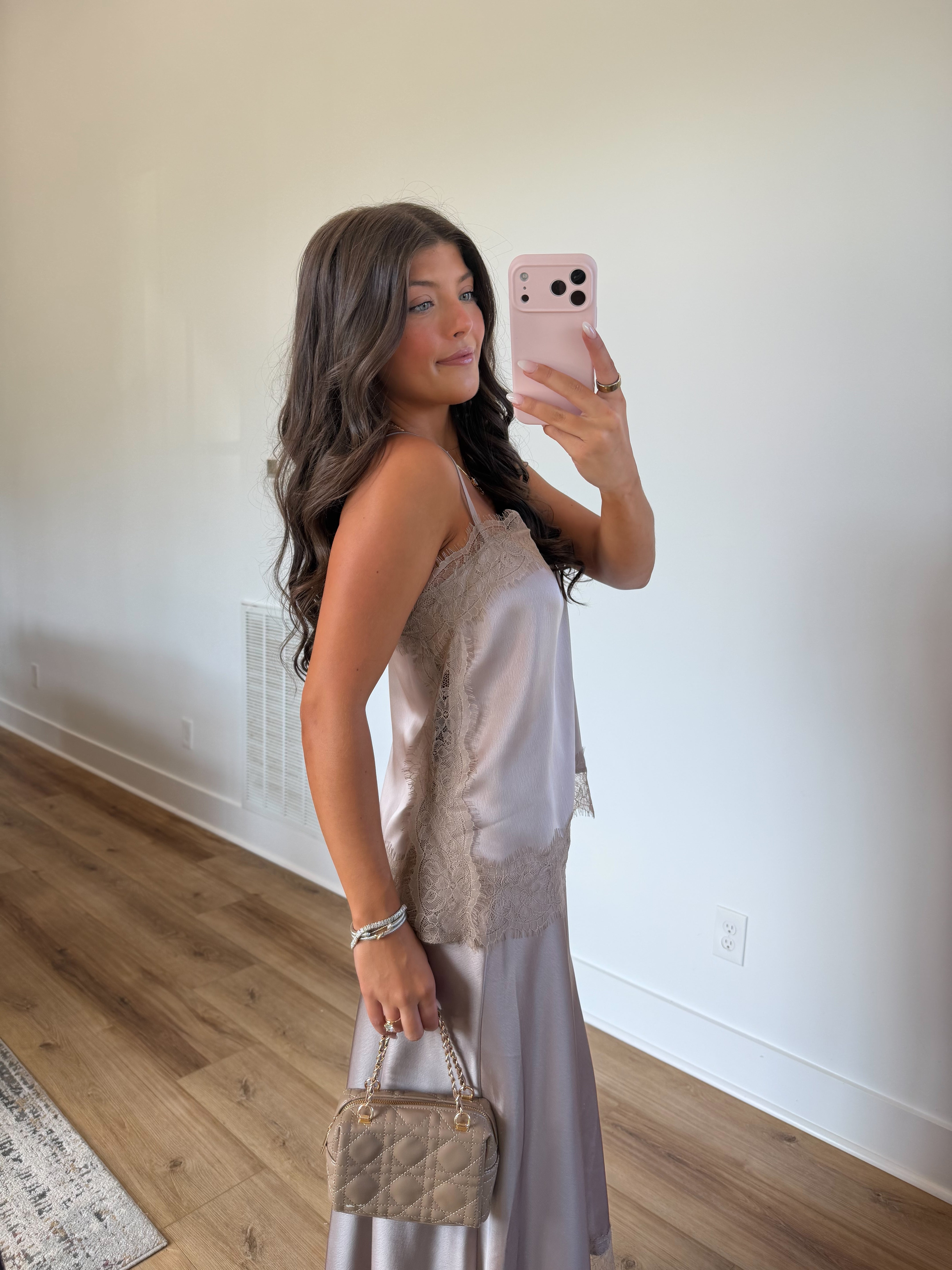 Taupe Satin Lace Trim Set