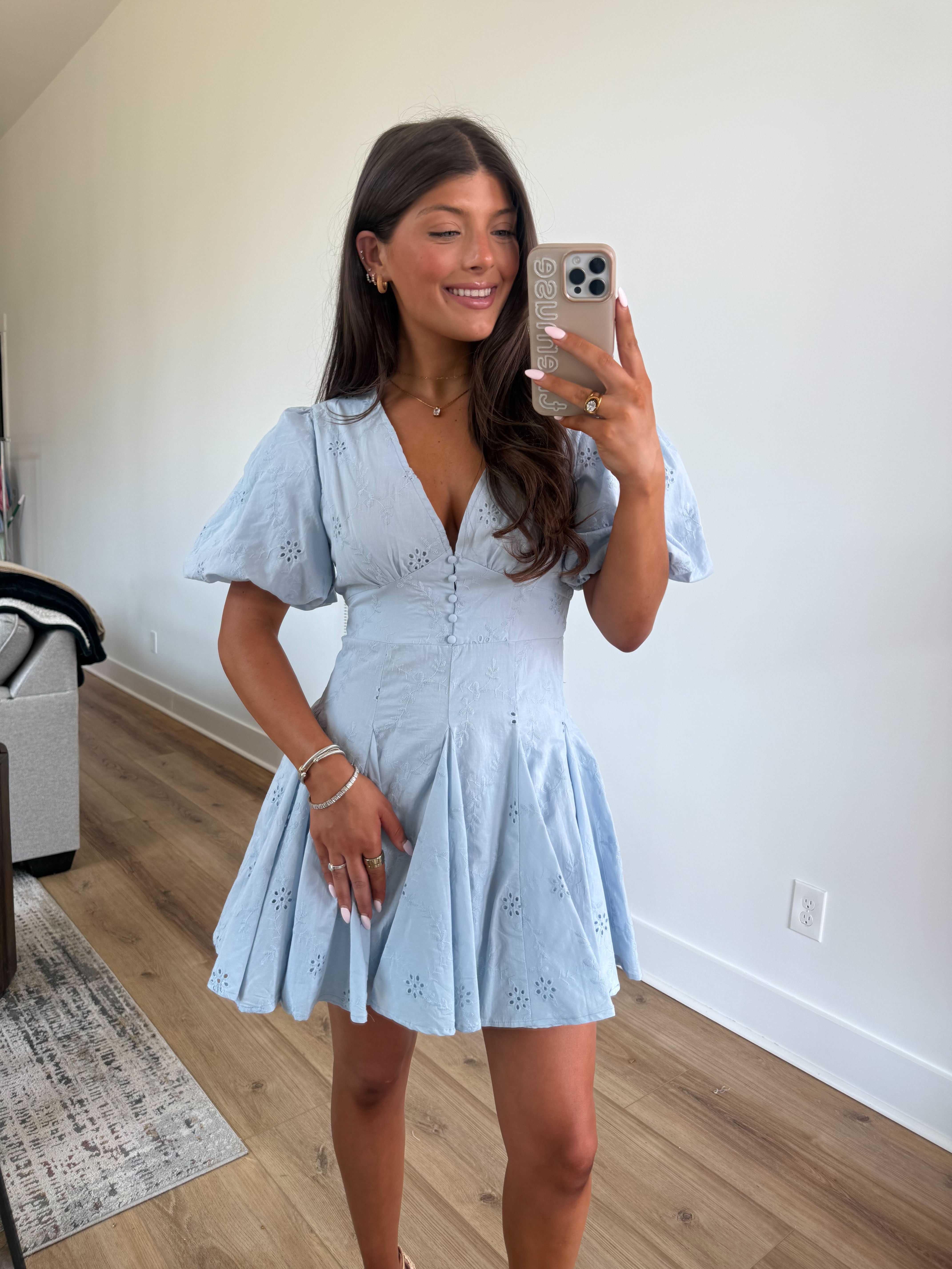 Kyndall Eyelet Mini Dress (Blue)
