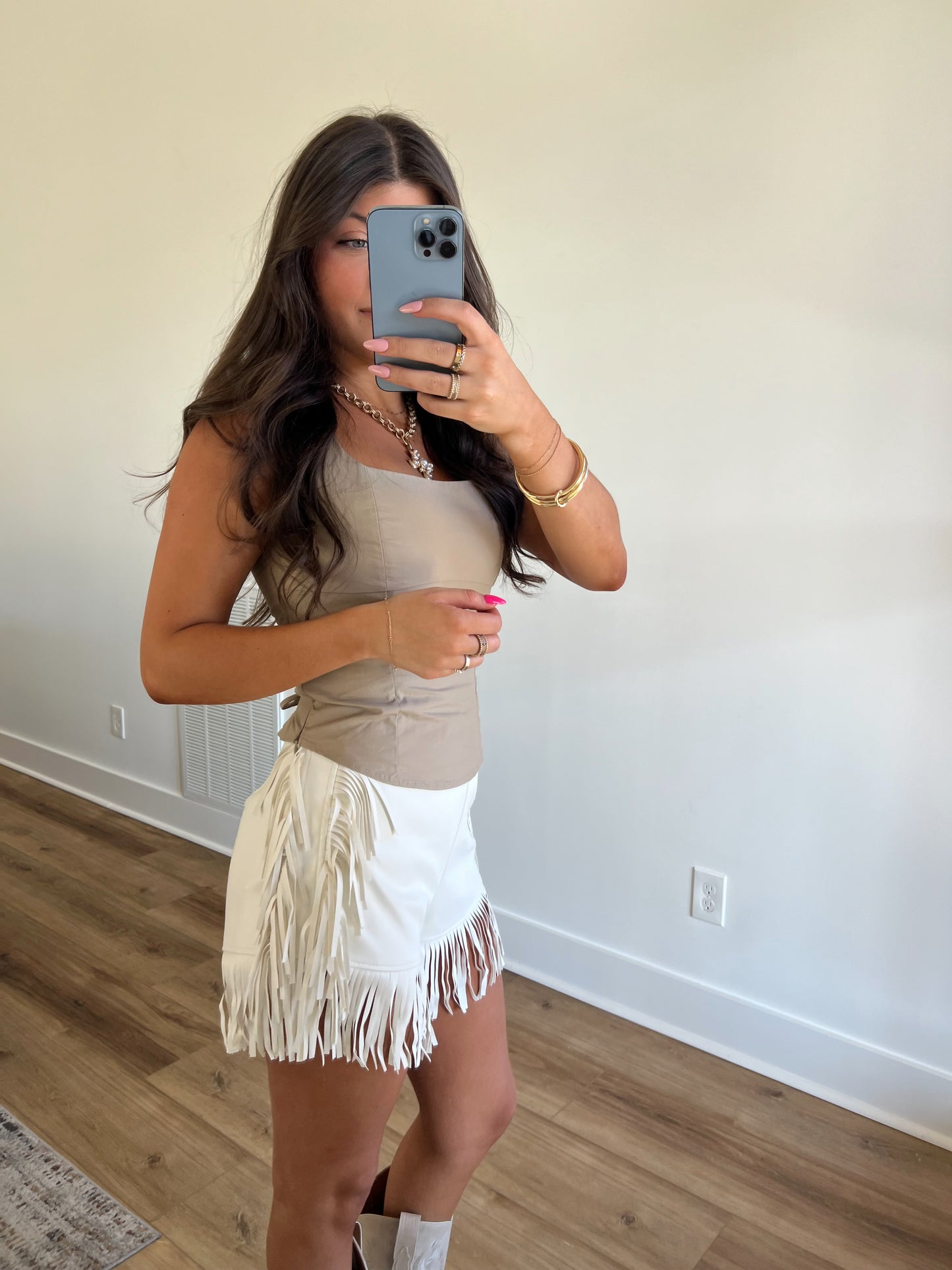 Cream Leather Fringe Shorts