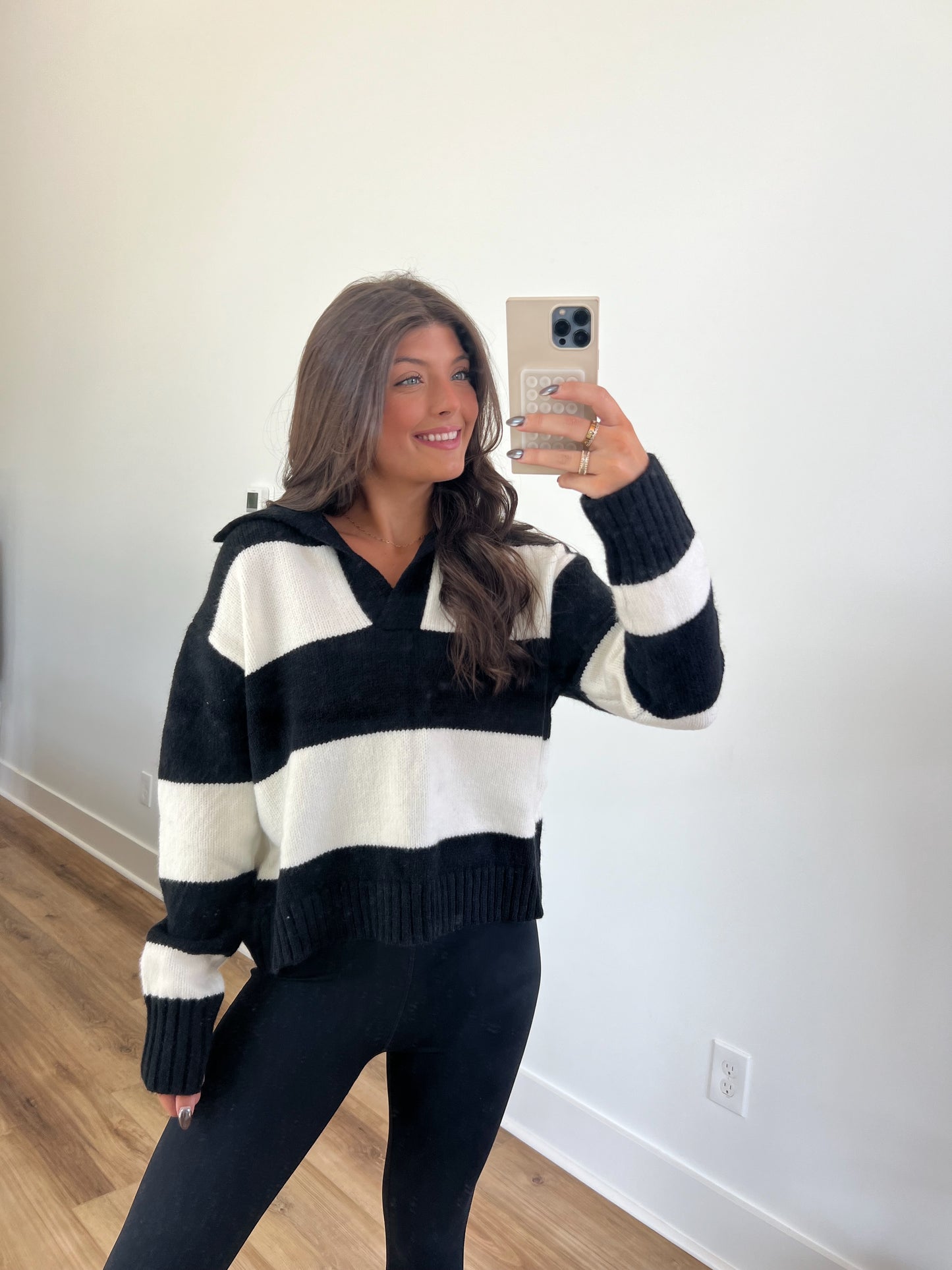 Black/White Stripe Polo Sweater