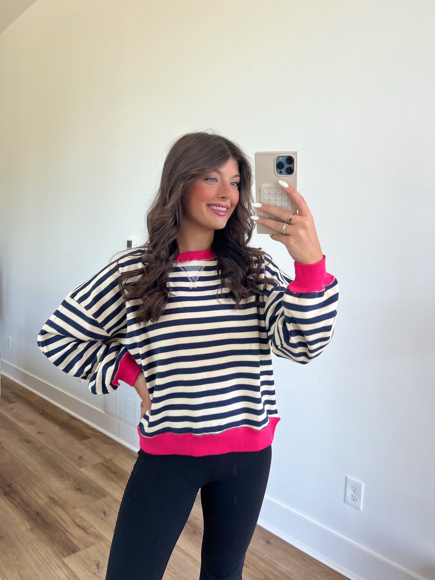 Stripe Colorblock Crewneck (Navy/Hot Pink)